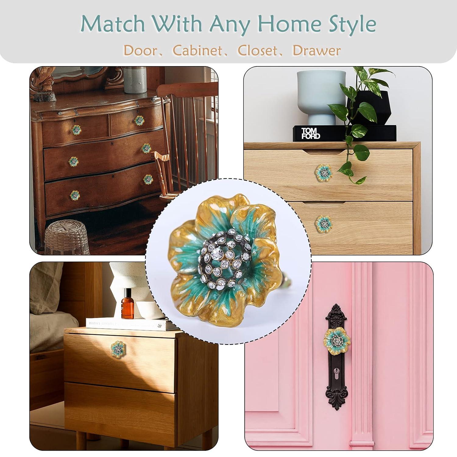 NIKKY HOME Cabinet Knob 2 Pack Flower Drawer Knob Decorative Vintage Door Cupboard Solid Metal Pulls Handles for Furniture Bedroom Living Room Bathroom Kitchen Cabinet Hardware, Green