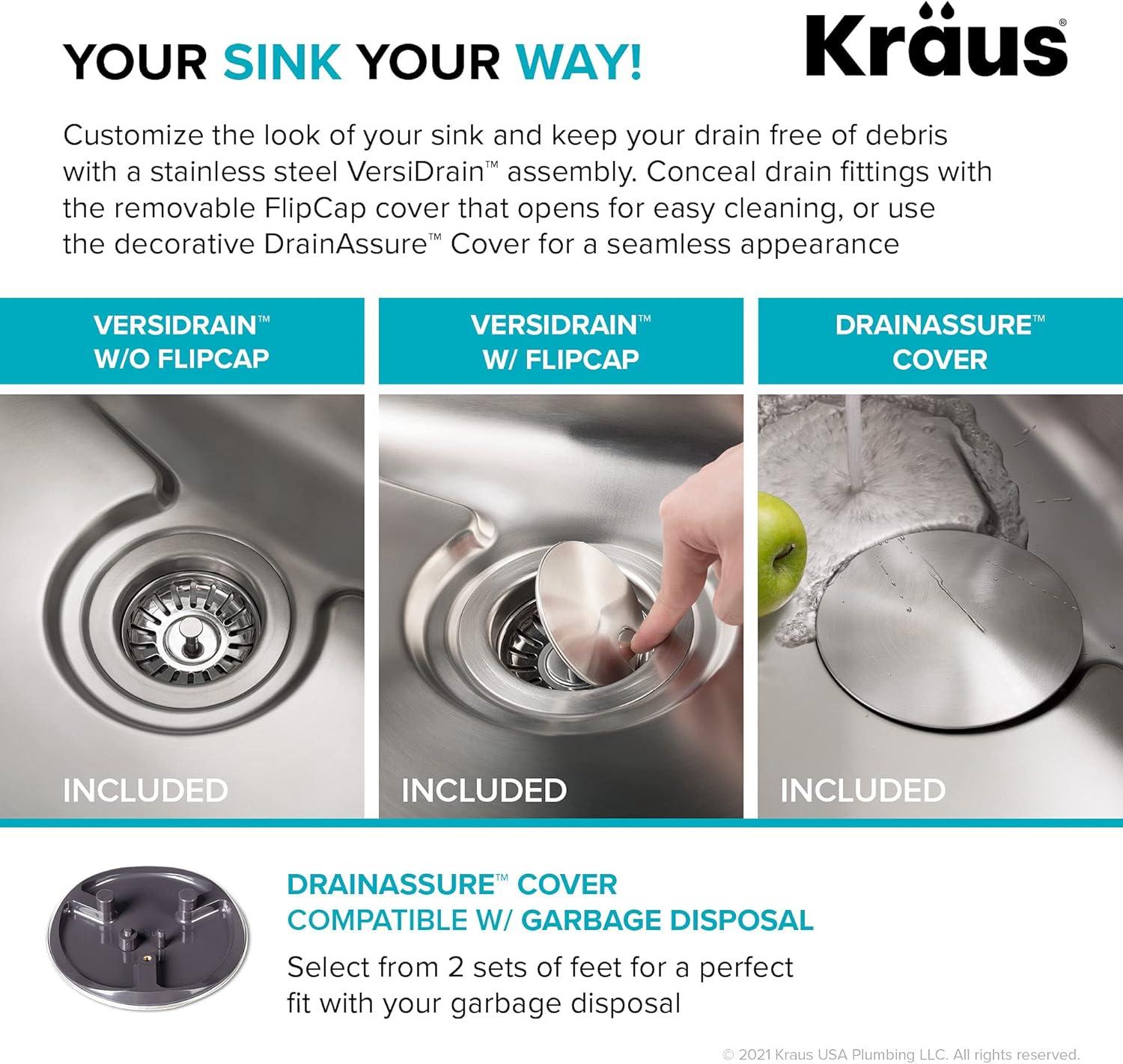 Dex™️ Series KRAUS 25-inch L Undermount Single Bowl TRU16 Gauge Stainless Steel Kitchen Sink with DrainAssure WaterWay