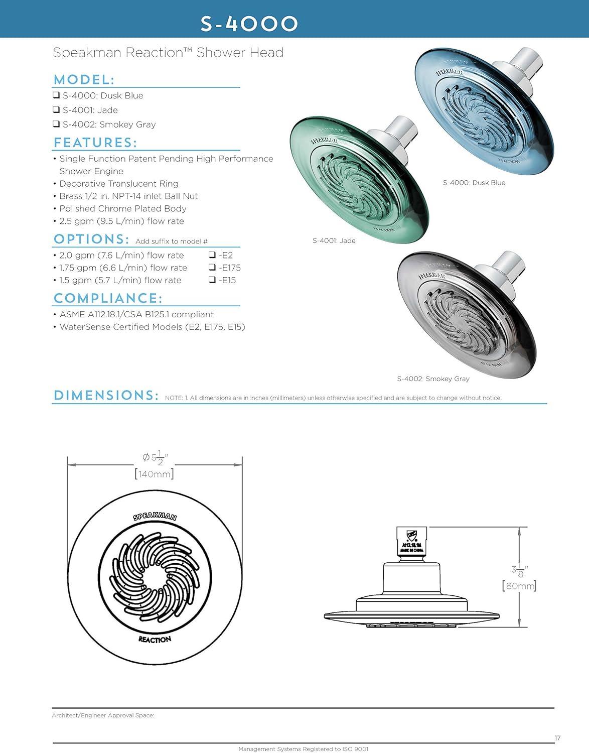 Speakman 2.0 GPM Reaction Full Fixed Low Flow Shower Head