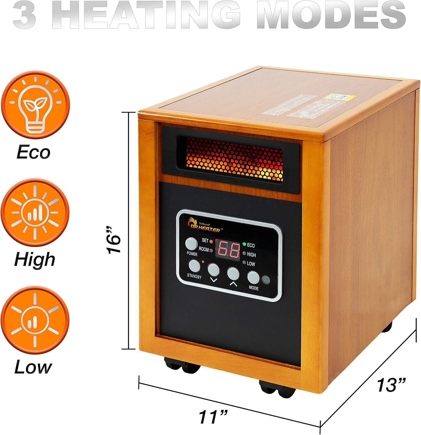 Dr. Infrared Heater 1500 Watt 5200 BTU Electric High Efficiency Cabinet Space Heater with Adjustable Thermostat , Remote Included and with Digital Display