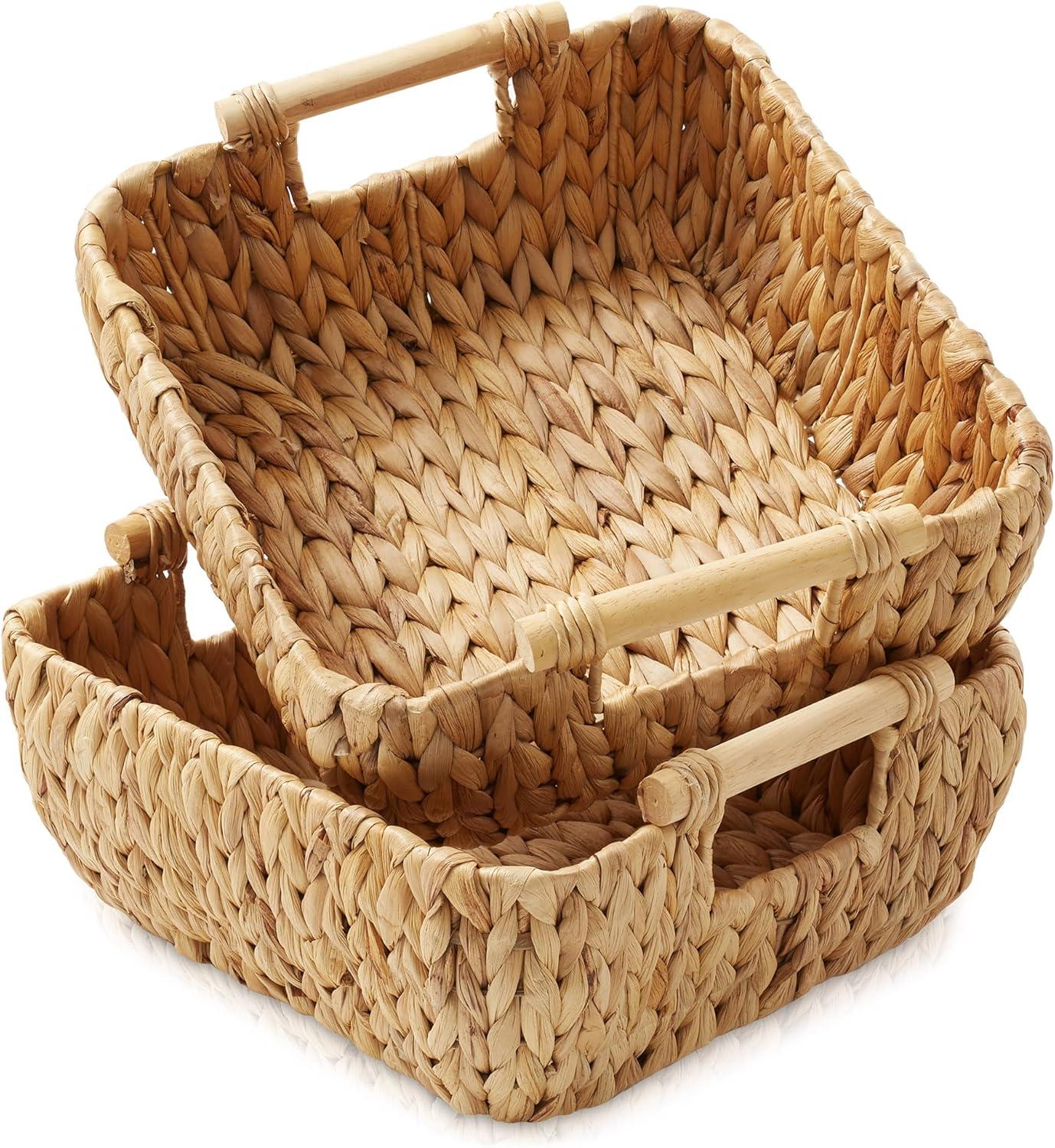 Casafield Water Hyacinth Oval Storage Basket Sets with Wooden Handles, Woven Nesting Bin Organizers