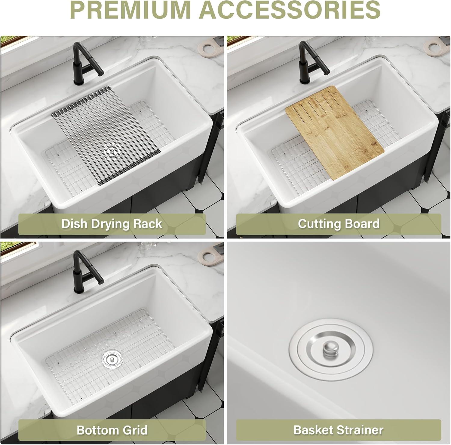 Pure 33 in. Workstation White Kitchen Sink Apron Front Fireclay Farmhouse Sink Single Bowl with Accessory Kit