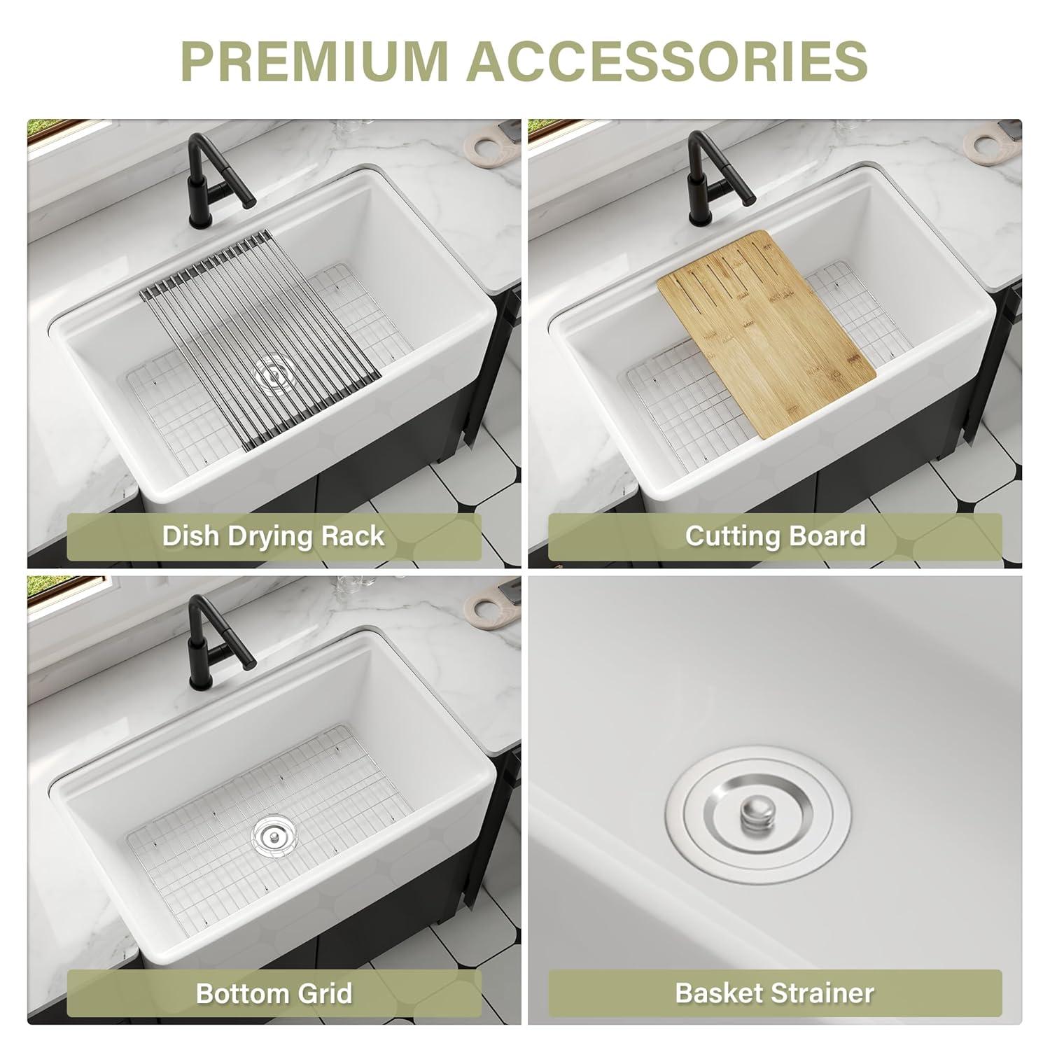 Pure 33 in. Workstation White Kitchen Sink Apron Front Fireclay Farmhouse Sink Single Bowl with Accessory Kit