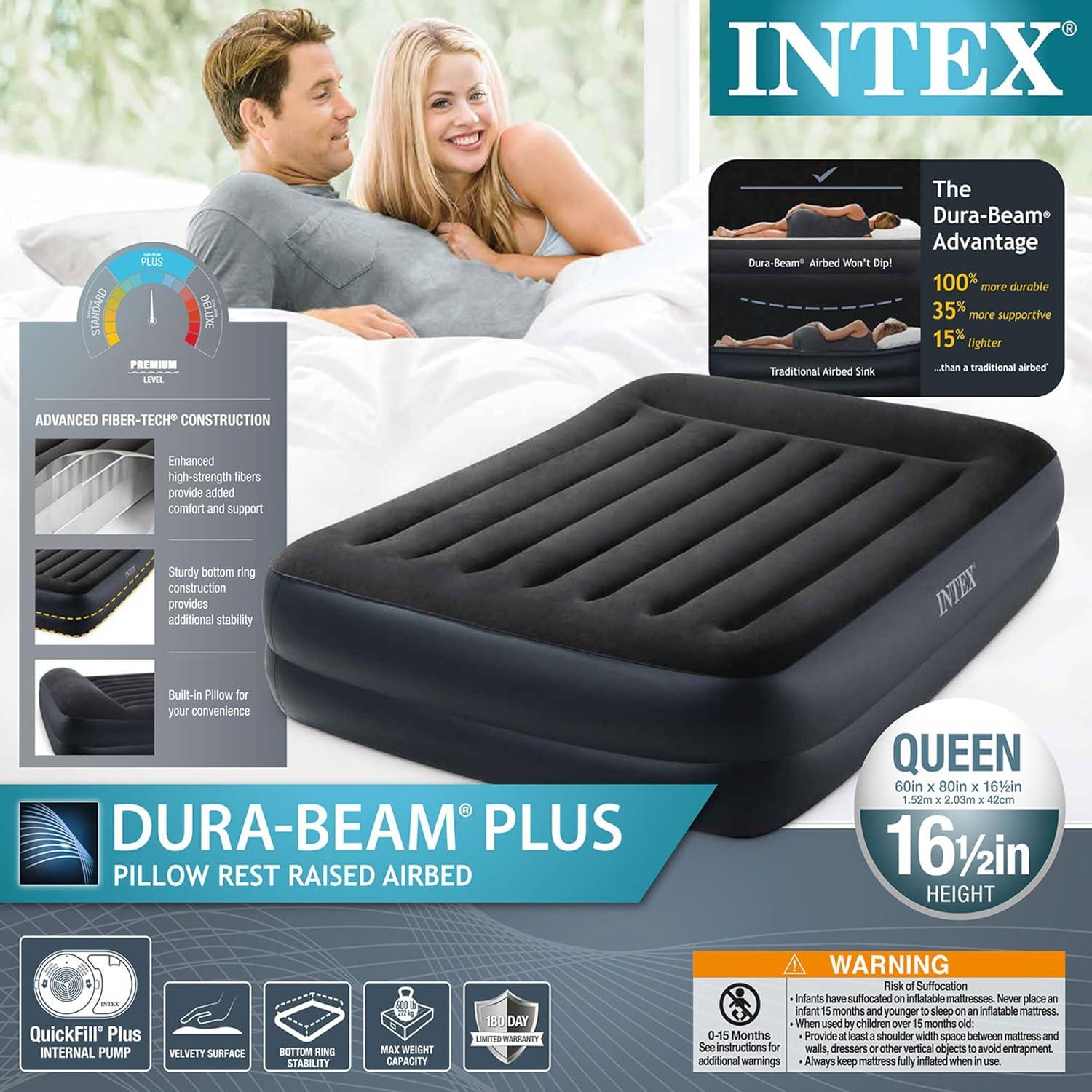 Intex Dura Beam Plus Pillow Raised Airbed Mattress With Built In Pump