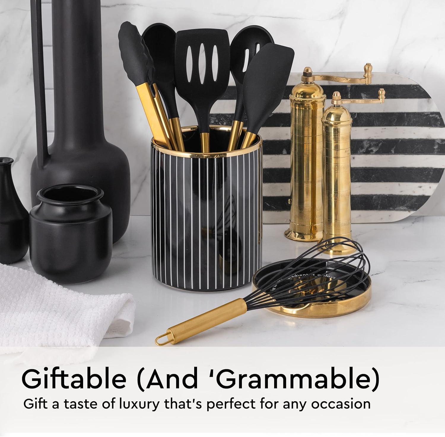 Black and Gold Kitchen Utensils Set 6PC Black Silicone Utensils Set Includes: Gold Tongs, Gold Whisk, Gold Serving Spoon, Gold Spatula & Turner-Black and Gold Kitchen Accessories & Gold Kitchen Decor