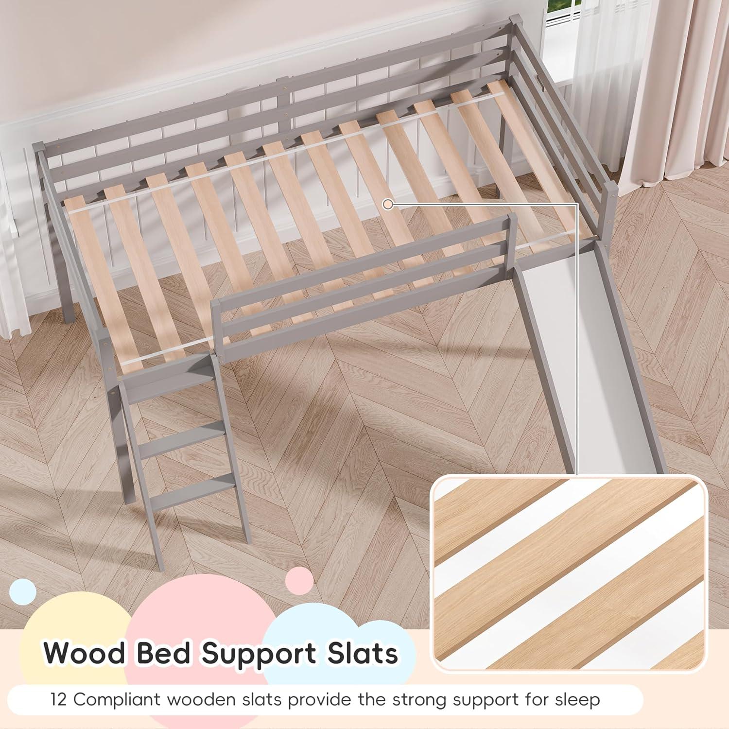 Harper & Bright Designs Kids Loft Bed with Slide,Twin Size Low Loft Beds for Girls Boys Solid Pine Wood Toddler Loft Bed with Ladder and Guard Rails,White
