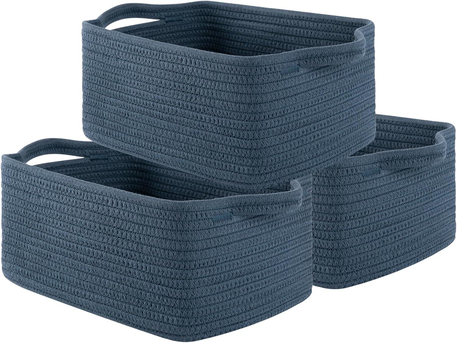 Design 3-Pack Storage Baskets for Shelves, Decorative Baskets for Organizing, Woven Baskets for Storage, Book Basket Cube Storage Bin Box, Pantry Closet and Shoe Organizers, Navy Blue