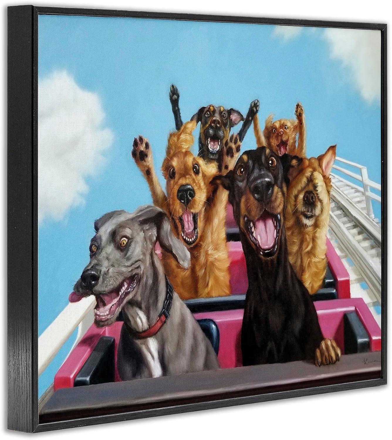 Stupell Industries Dogs Riding Roller Coaster Funny Amusement Park Animals & Insects Painting Black Framed Art Print Wall Art, 24 x 30