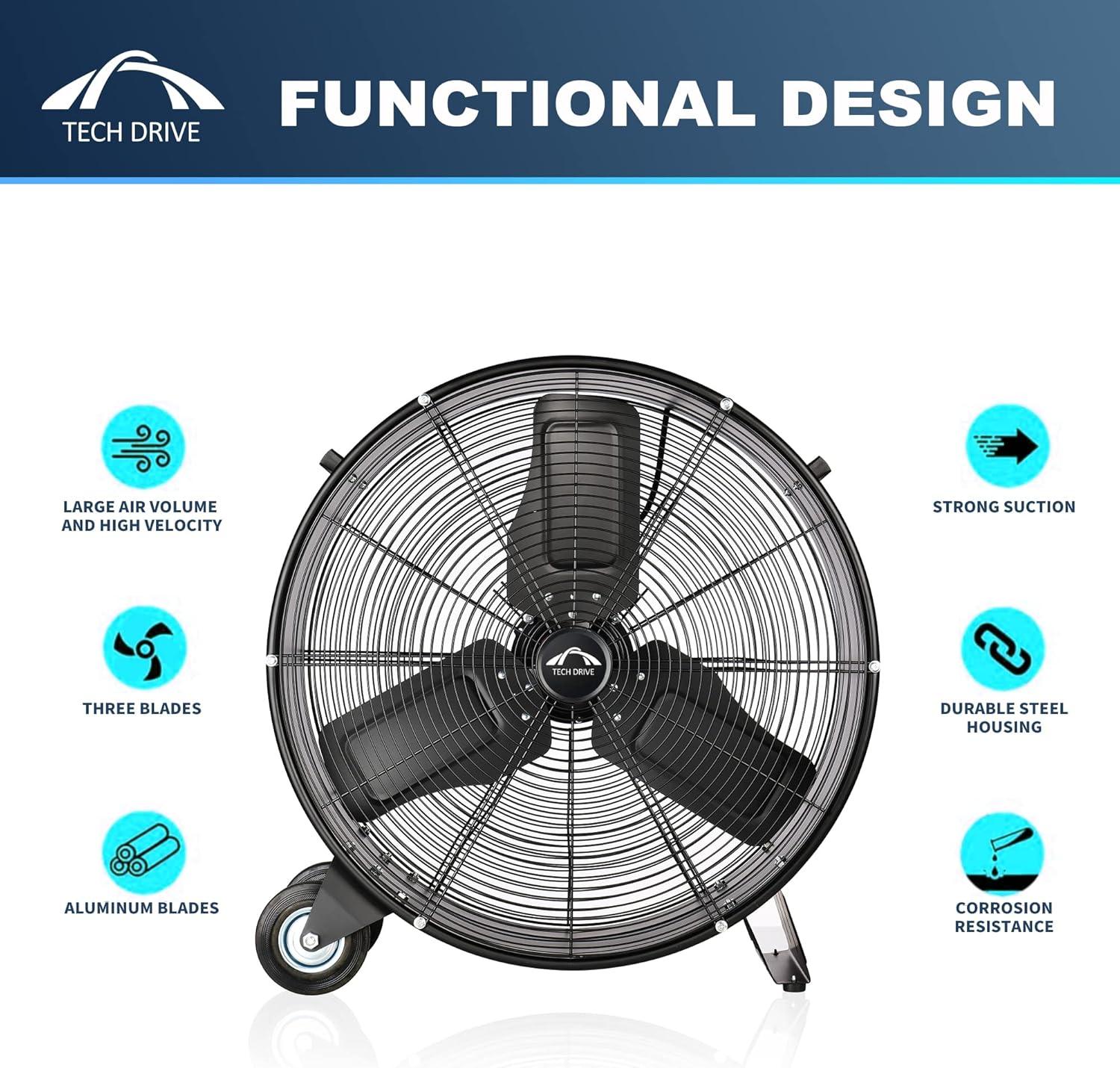 Tech Drive Heavy Duty Metal Industrial Drum Fan, 24 inch High Velocity Shop Fan, 2 Speed Large Floor Fan for Warehouse, Workshop, Factory, Garage, All Metal, Black