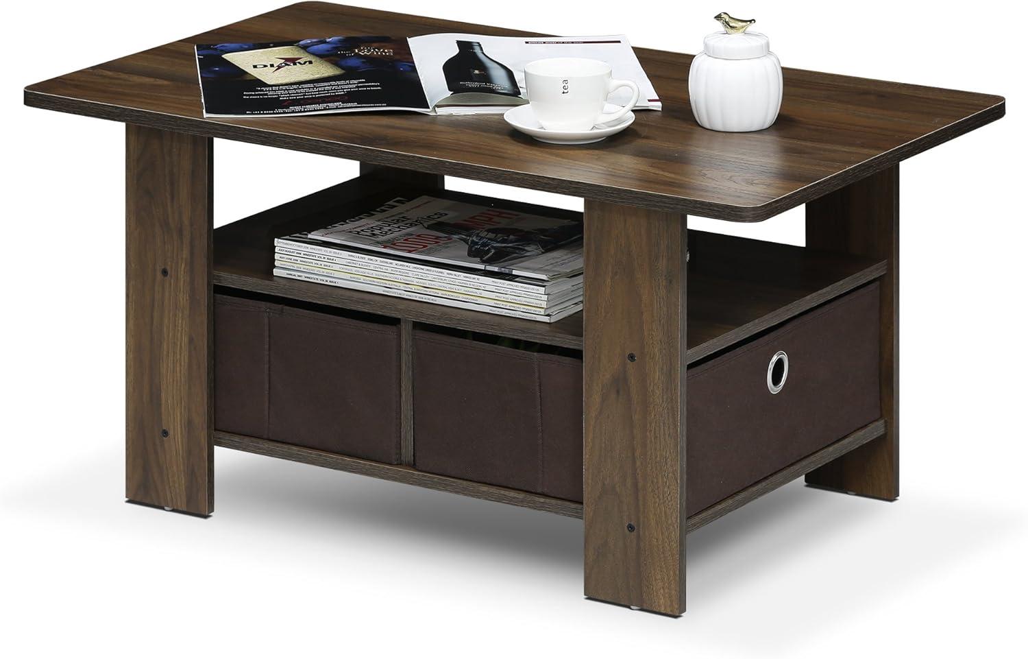 Furinno Andrey Wood Coffee Table with Bin Drawer in Columbia Walnut/Dark Brown