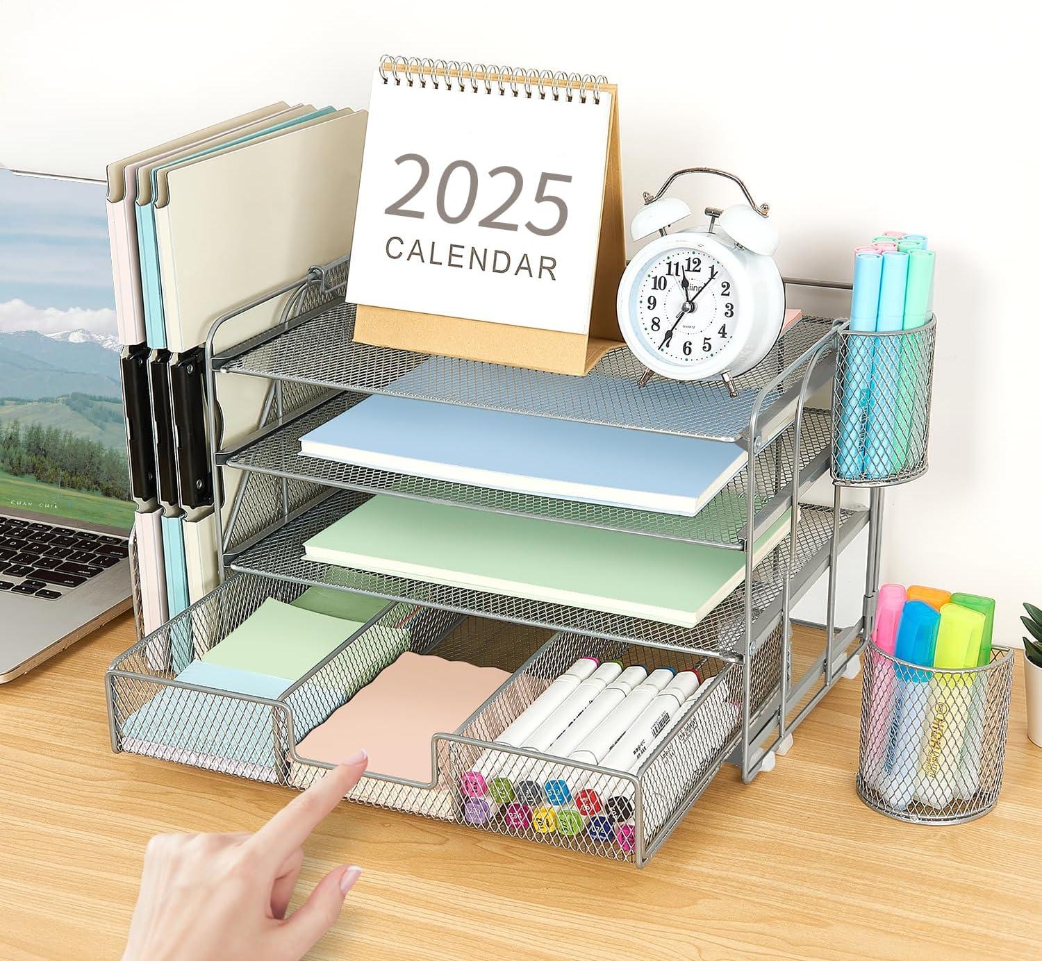 gianotter Desk Organizers and Accessories with File Holder, 4-Tier Desk Accessories & Workspace Organizers with Drawer and 2 Pen Holder, Paper Organizer for Office Supplies (Grey)