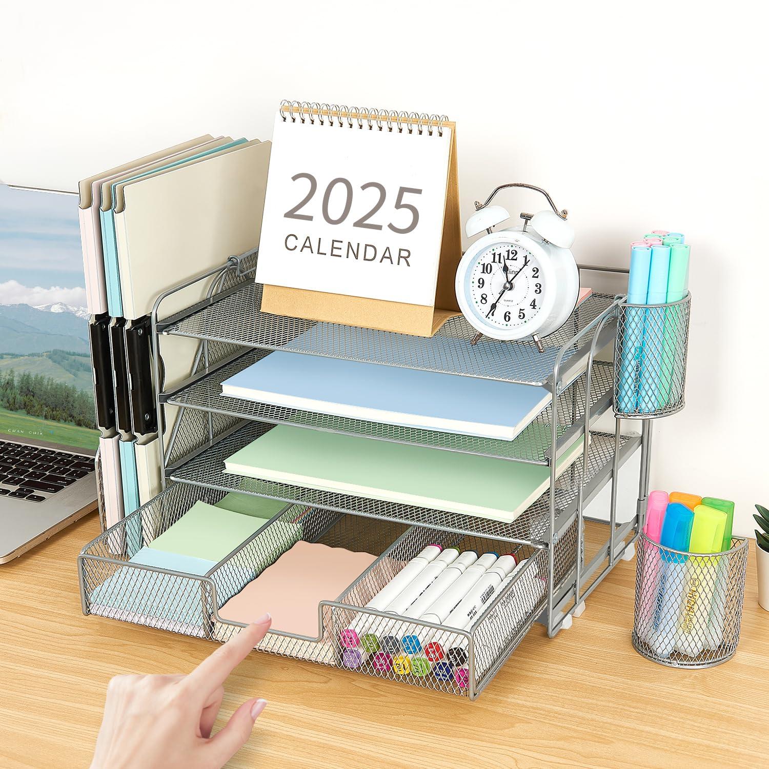 gianotter Desk Organizers and Accessories with File Holder, 4-Tier Desk Accessories & Workspace Organizers with Drawer and 2 Pen Holder, Paper Organizer for Office Supplies (Grey)
