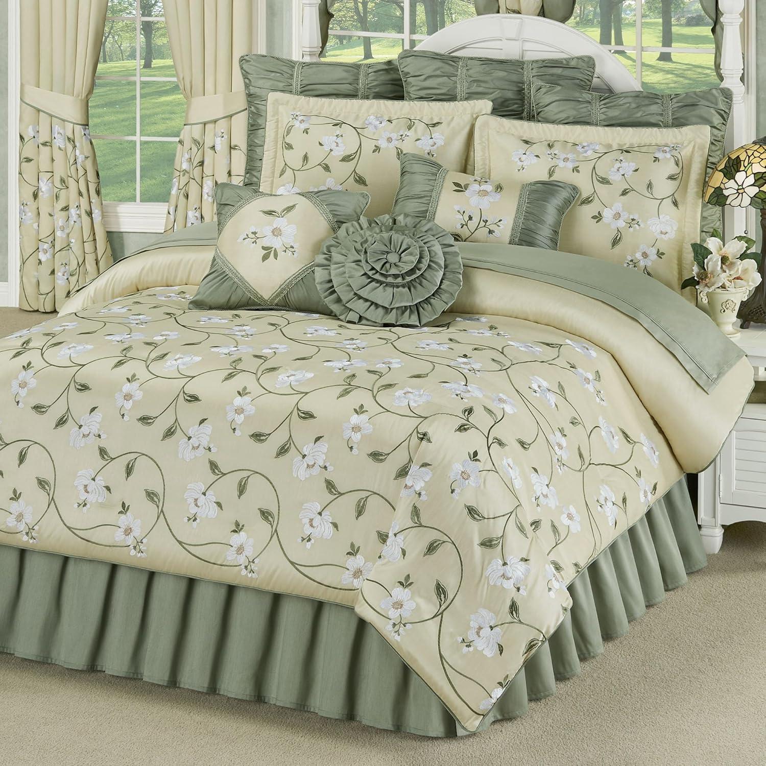 Luxurious Garden Walk Bedding | Sophisticated Polyester Faux Silk Quilted Magnolia Flower Embroidery | Vanilla Cream Sage | 4 Piece Set: Queen Oversized Comforter, 2 Standard Shams, Bedskirt