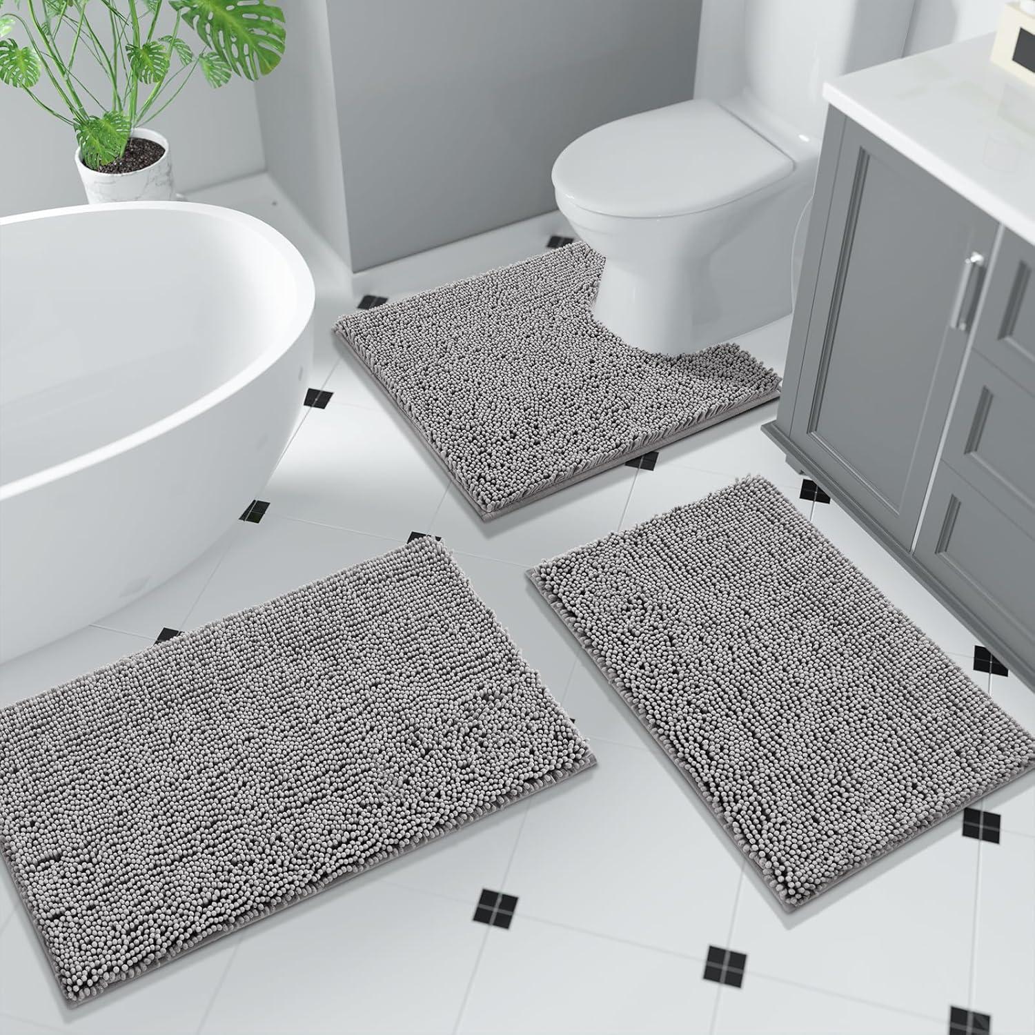 CHENHAINAN Bathroom Rug Mat, 24'' x 17'', Luxury Chenille Shaggy Bath Rugs, Extra Soft & Thick, Absorbent Water, Non-Slip, Machine Washable, Bath Mats for Bath Floor,Tub and Shower, Gray