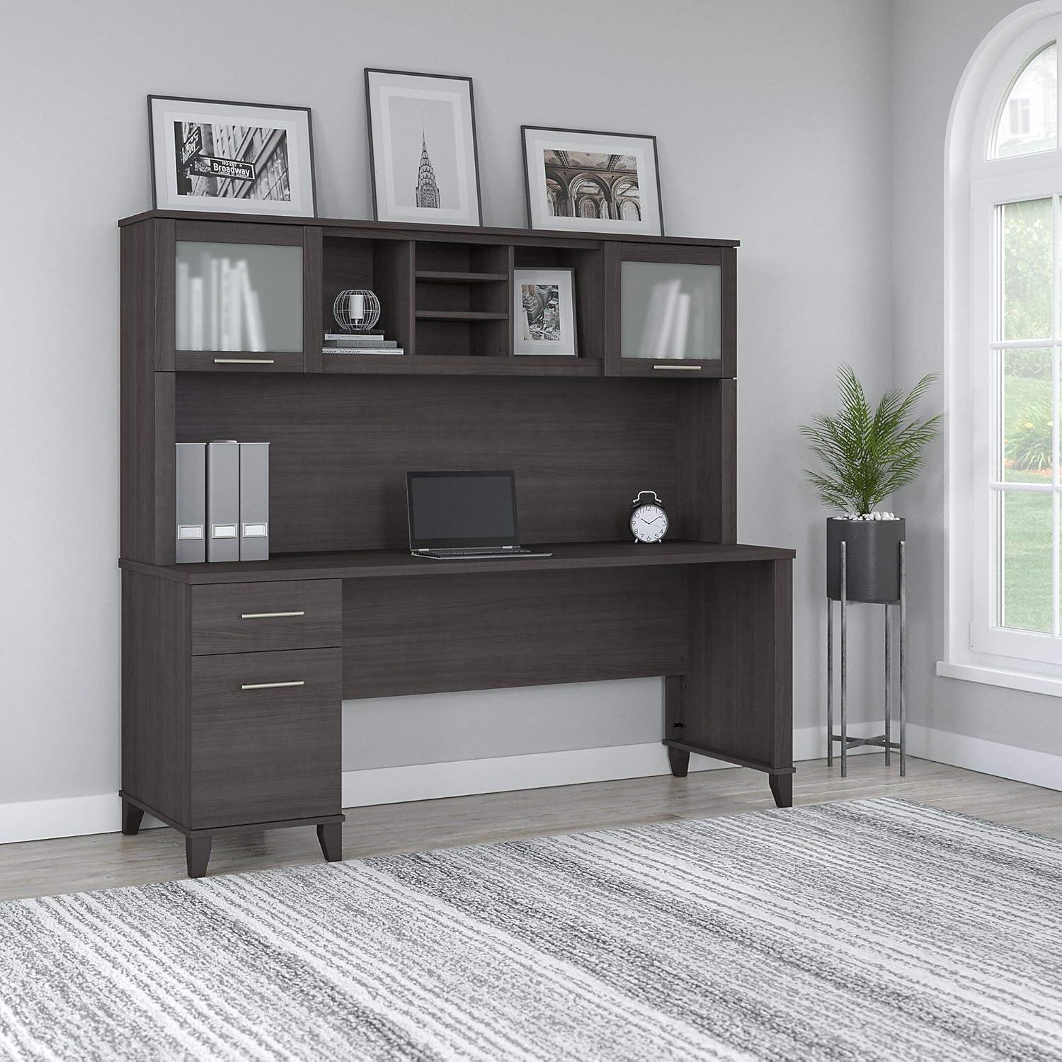 Somerset 72W Office Desk with Drawers and Hutch in Storm Gray - Engineered Wood