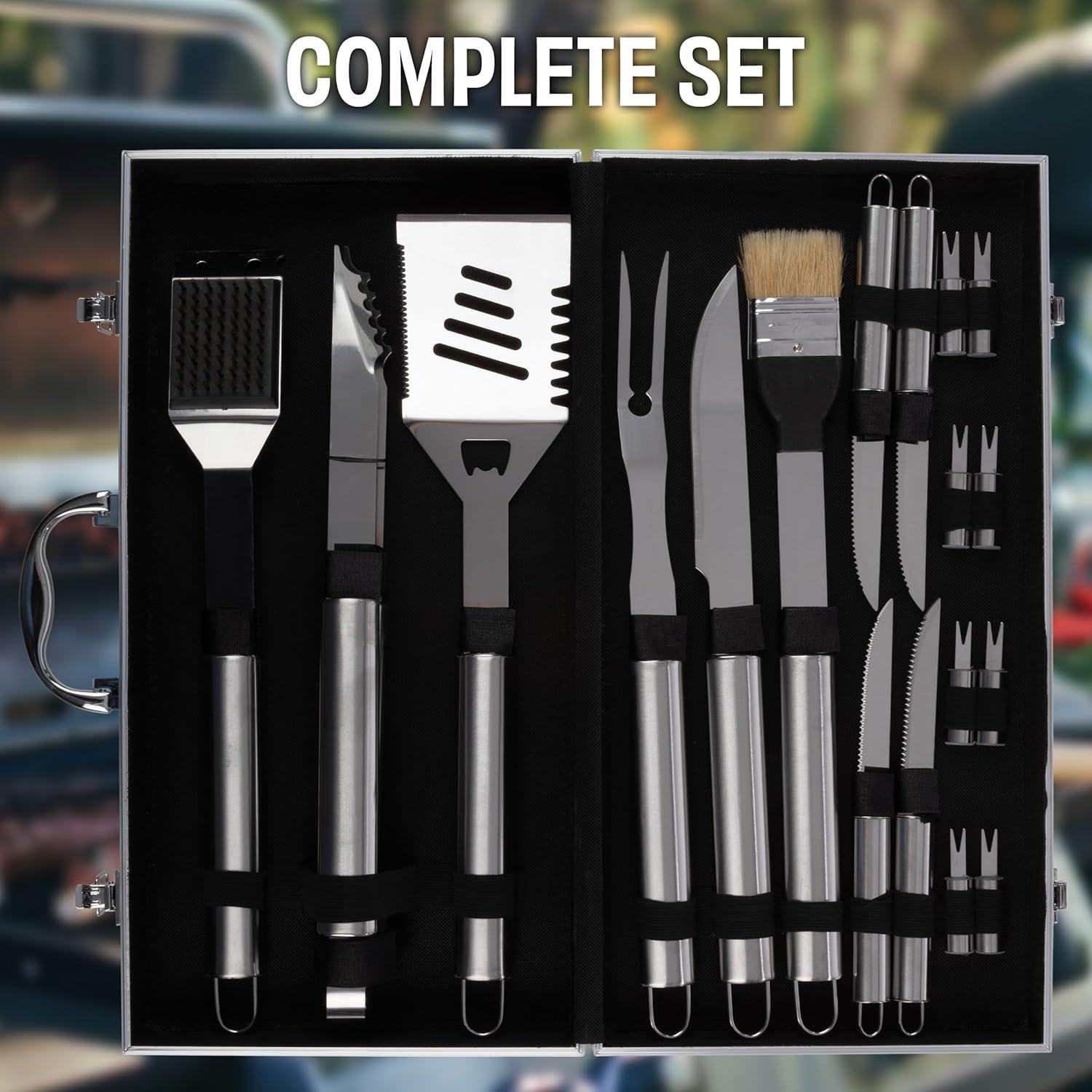 BBQ Grill Accessories Kit - 19-Piece Stainless-Steel Grilling Tools Set with Carrying Case - Camping Utensils for Summer Outdoor Cooking by Chef Buddy