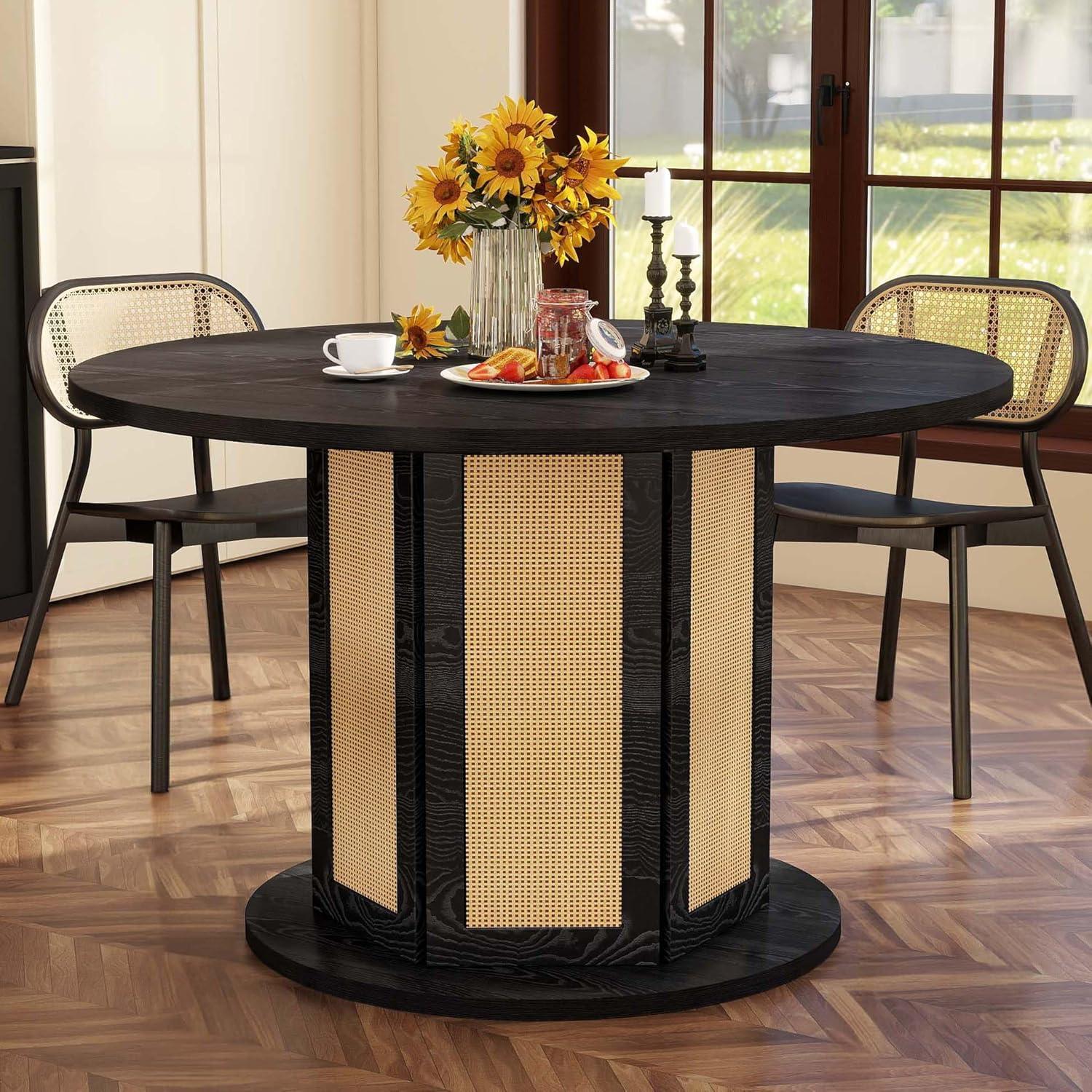 47-Inch Black Reclaimed Wood Farmhouse Dining Table with Rattan Base