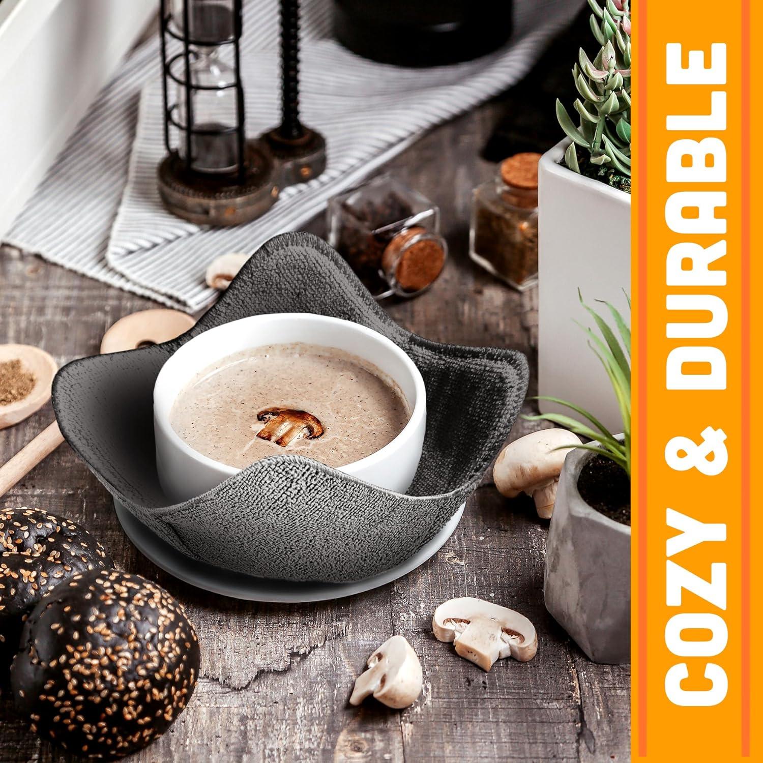 SHILA Bowl Snuggies, Multicolor Set of 5 Microwave-Safe Hot Bowl Holders to Keep Your Hands Cool and Your Food Warm, Polyester & Sponge Heat Resistant Dish Pads for Soup, Rice and Pasta