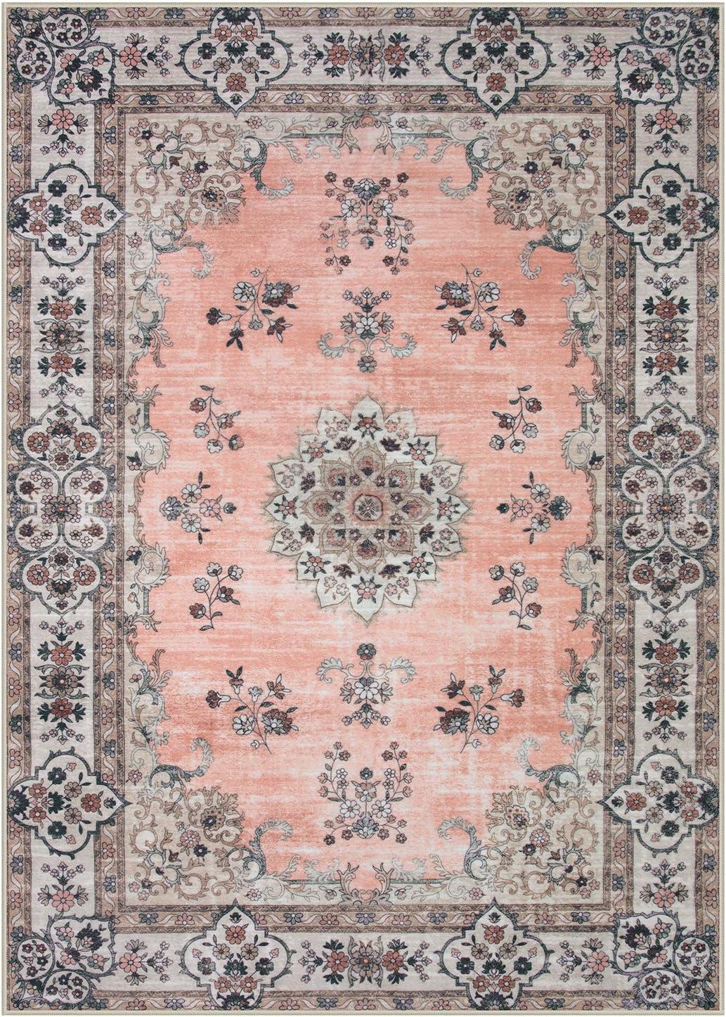 Hasoo Area Rug 5' x 7' Washable Modern Floral Rugs for Living Room Non-Slip Accent Carpet Pink