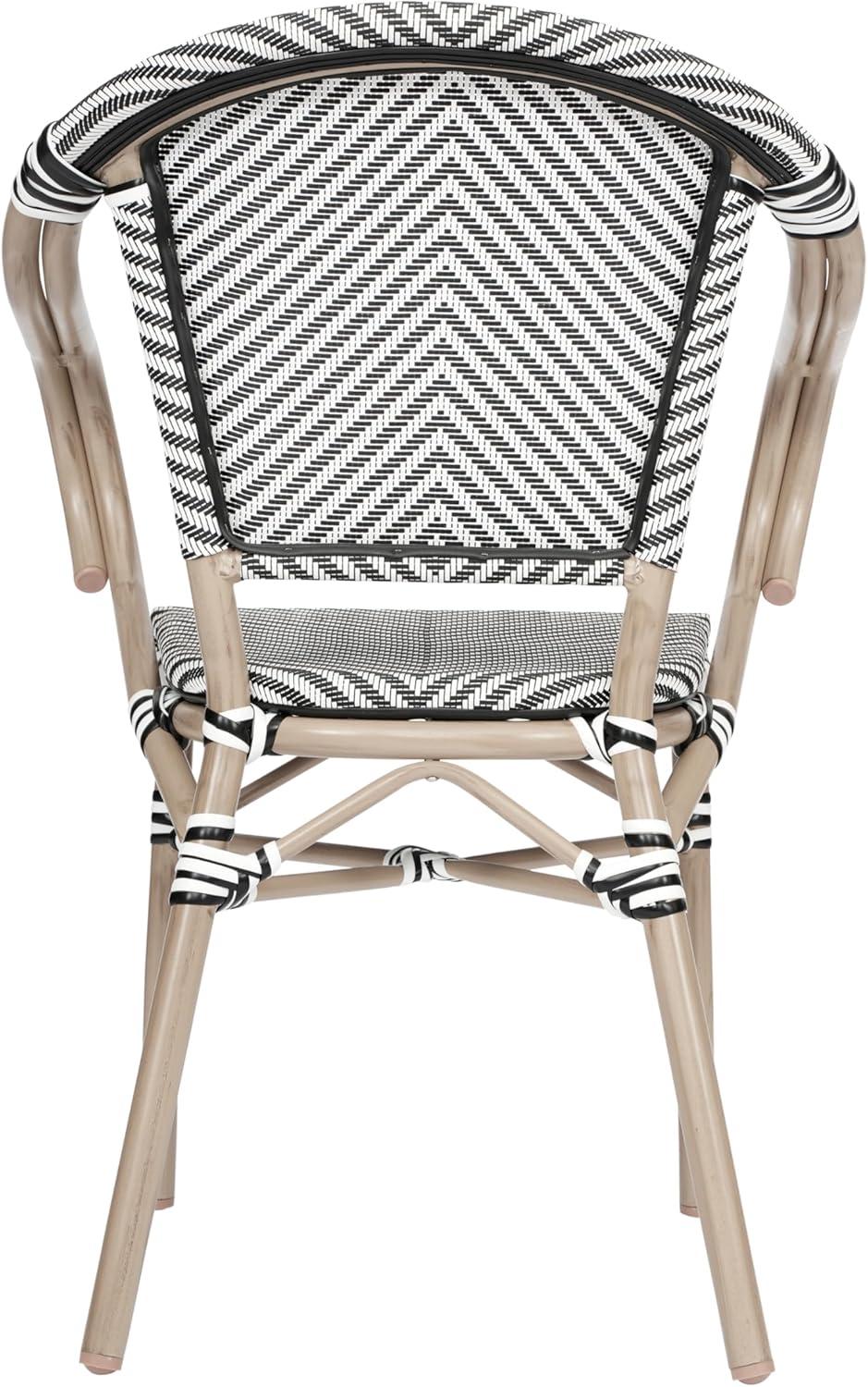 Flash Furniture Marseille Indoor/Outdoor Commercial Bistro Stacking Chair with Arms, Black/White Textilene & Bamboo Print Aluminum Frame in LT Natural