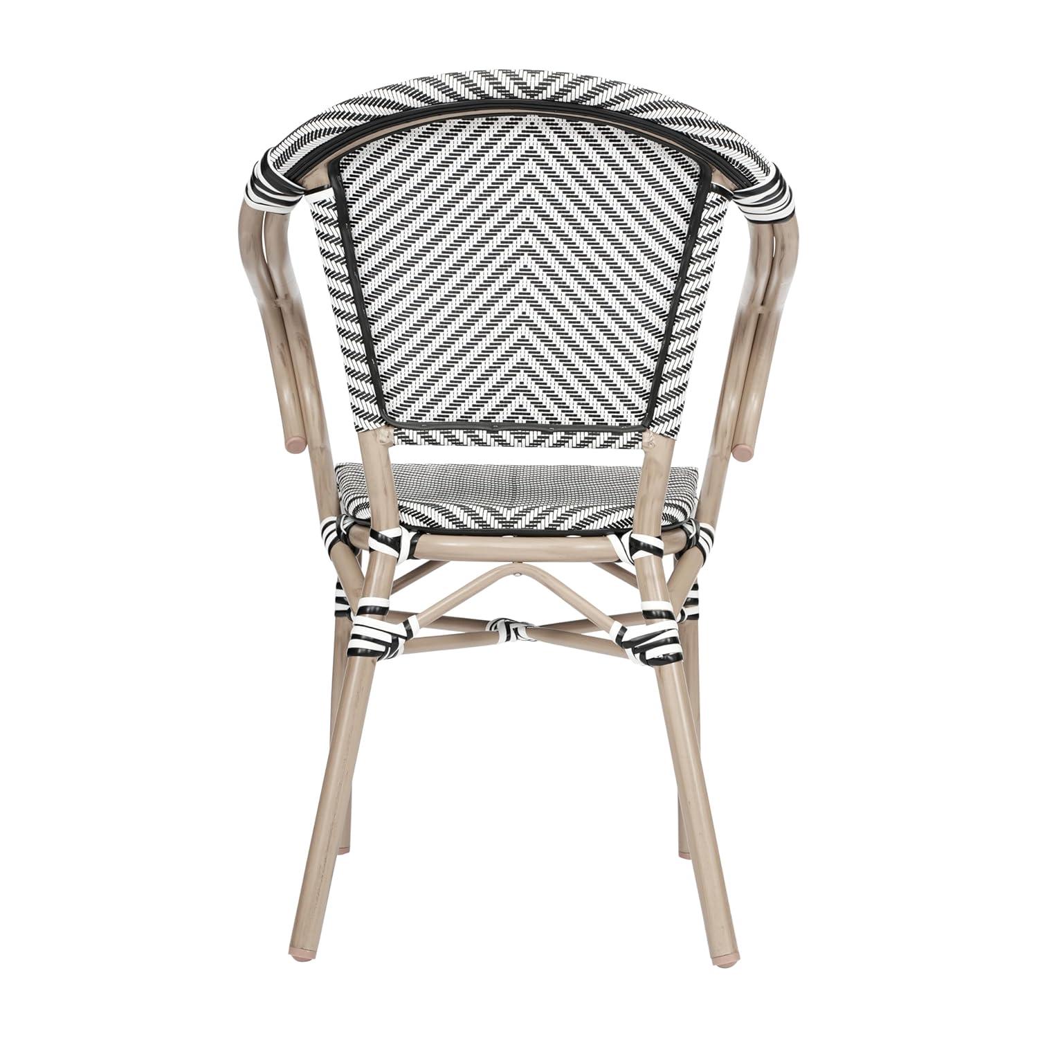 Flash Furniture Marseille Indoor/Outdoor Commercial Bistro Stacking Chair with Arms, Black/White Textilene & Bamboo Print Aluminum Frame in LT Natural