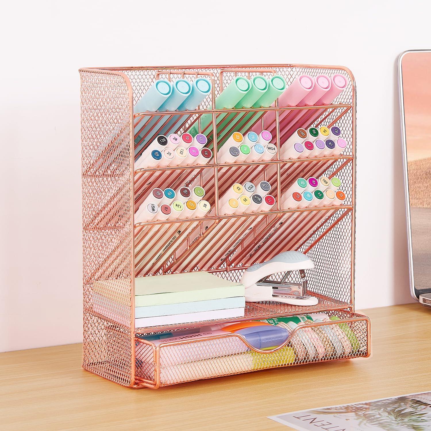 Rose Gold Rectangular Metal Desk Organizer with 10 Compartments