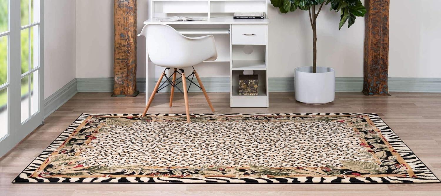 Ivory and Black Rectangular Floral Synthetic Area Rug