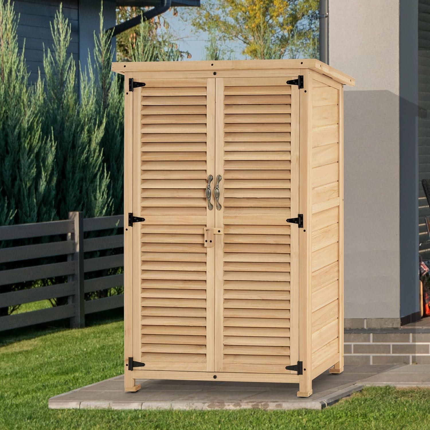 MCombo Outdoor Wooden Storage Cabinet, Garden Tool Shed w/ Latch, Outside Tools Wood Cabinet Double Doors