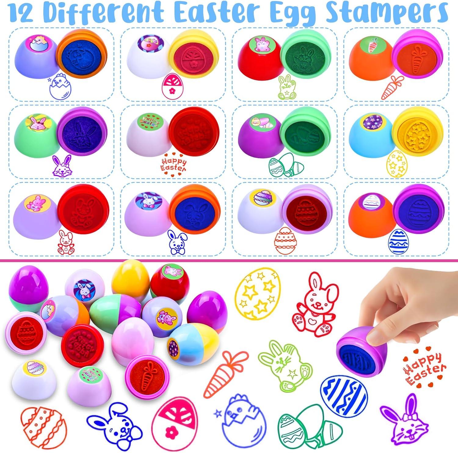 48 Pack Easter Egg Fillers, Basket Stuffers with Assorted Squishies and Stampers,Easter Party Favors, Egg Hunt, Gift Classroom Prize for Kids Boys Girls