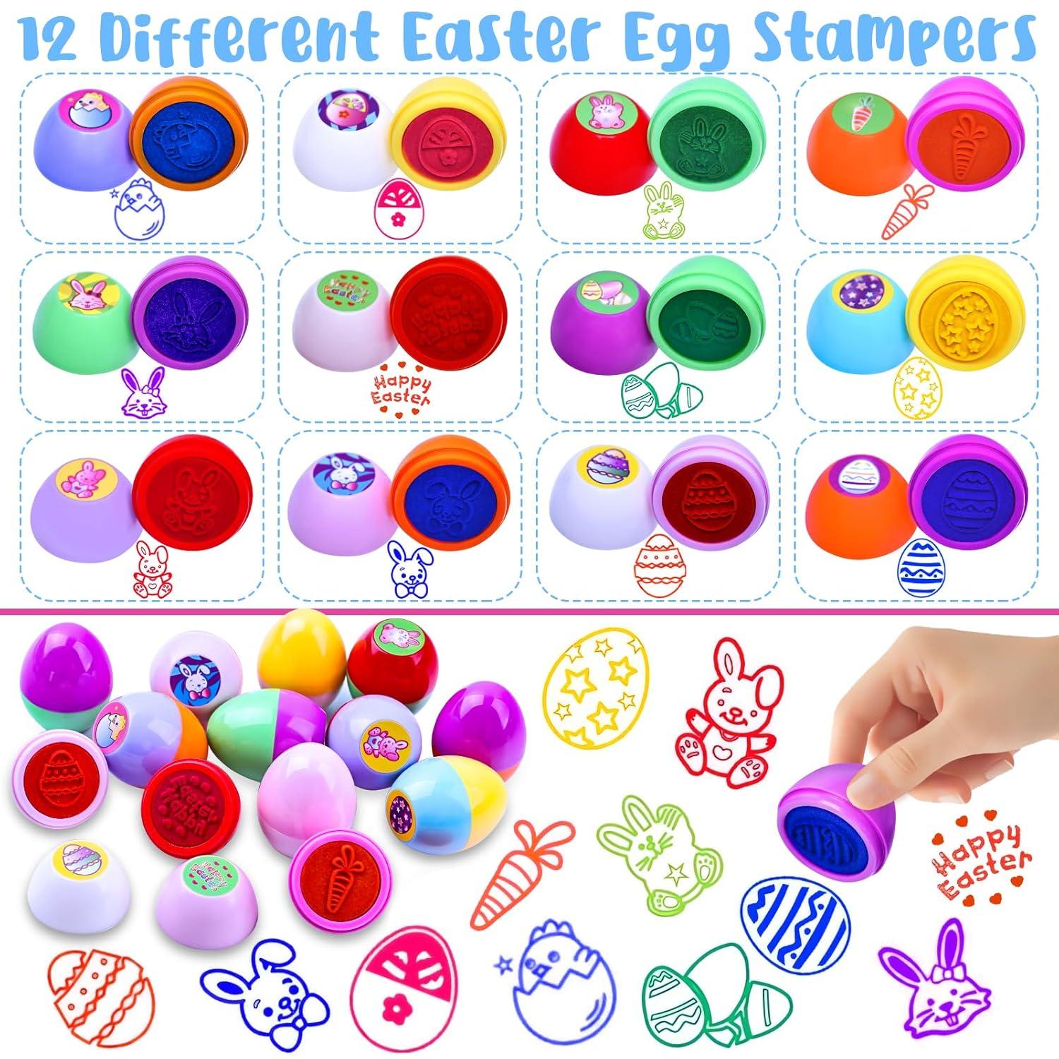 48 Pack Easter Egg Fillers, Basket Stuffers with Assorted Squishies and Stampers,Easter Party Favors, Egg Hunt, Gift Classroom Prize for Kids Boys Girls