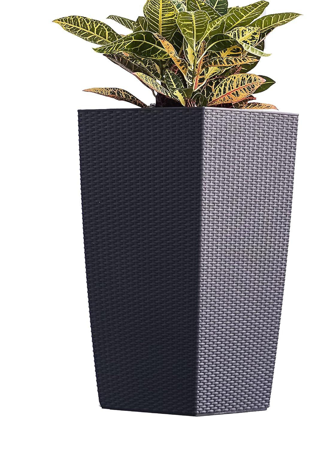 XBrand 30" H Black Rattan Self Watering Indoor Outdoor Square Planter Pot, Tall Decorative Gardening Pot, Home Décor Accent