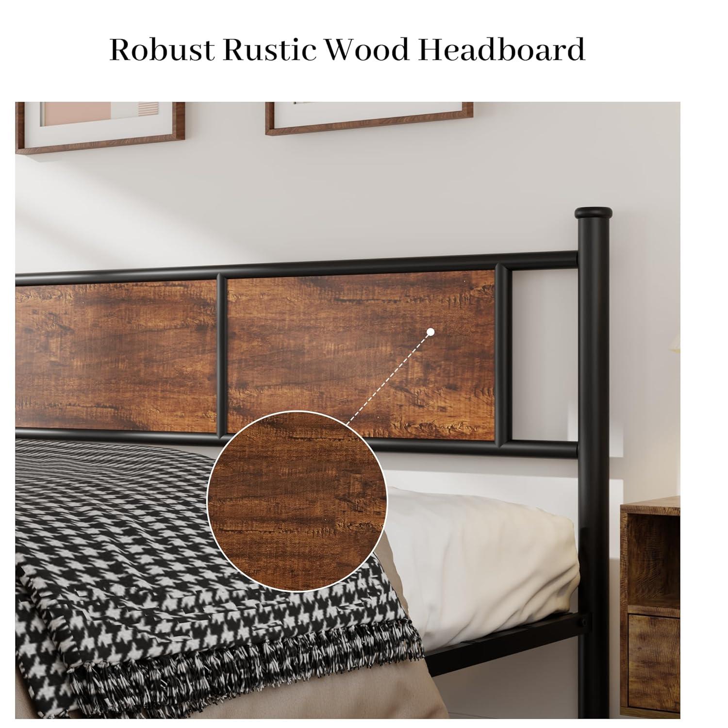 King Size Bed Frame with Rustic Wood Headboard, Metal Heavy Duty Platform, Sturdy Steel Slat Support, No Box Spring Needed, Black King Platform Bed Frame with Headboard