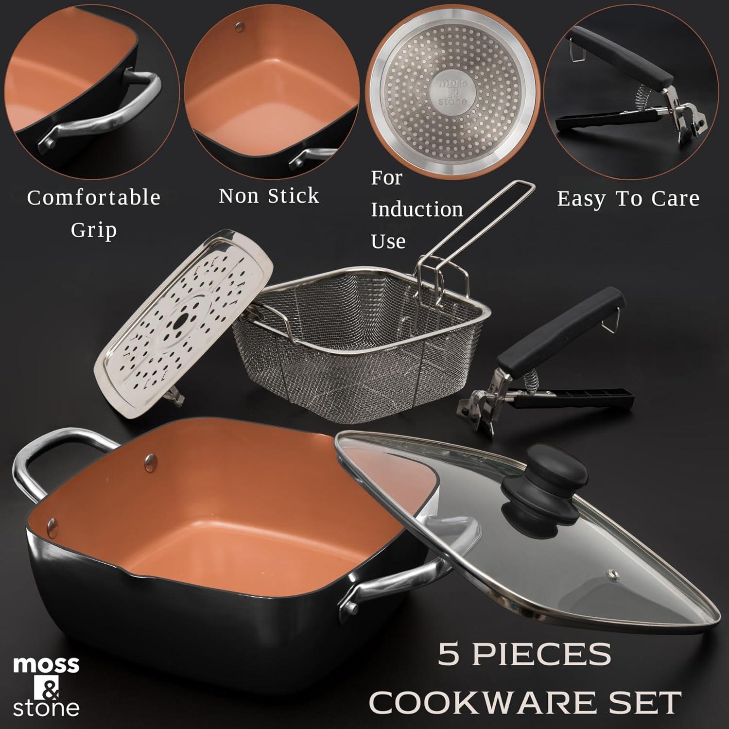 Moss & Stone Copper 5 Piece Set Chef Cookware, 9.5” Non Stick Pan, Deep Square Pan, Fry Basket, Steamer Tray, Dishwasher & Oven Safe, 5 Quart Copper Pot Set, Black Induction Cookware Set