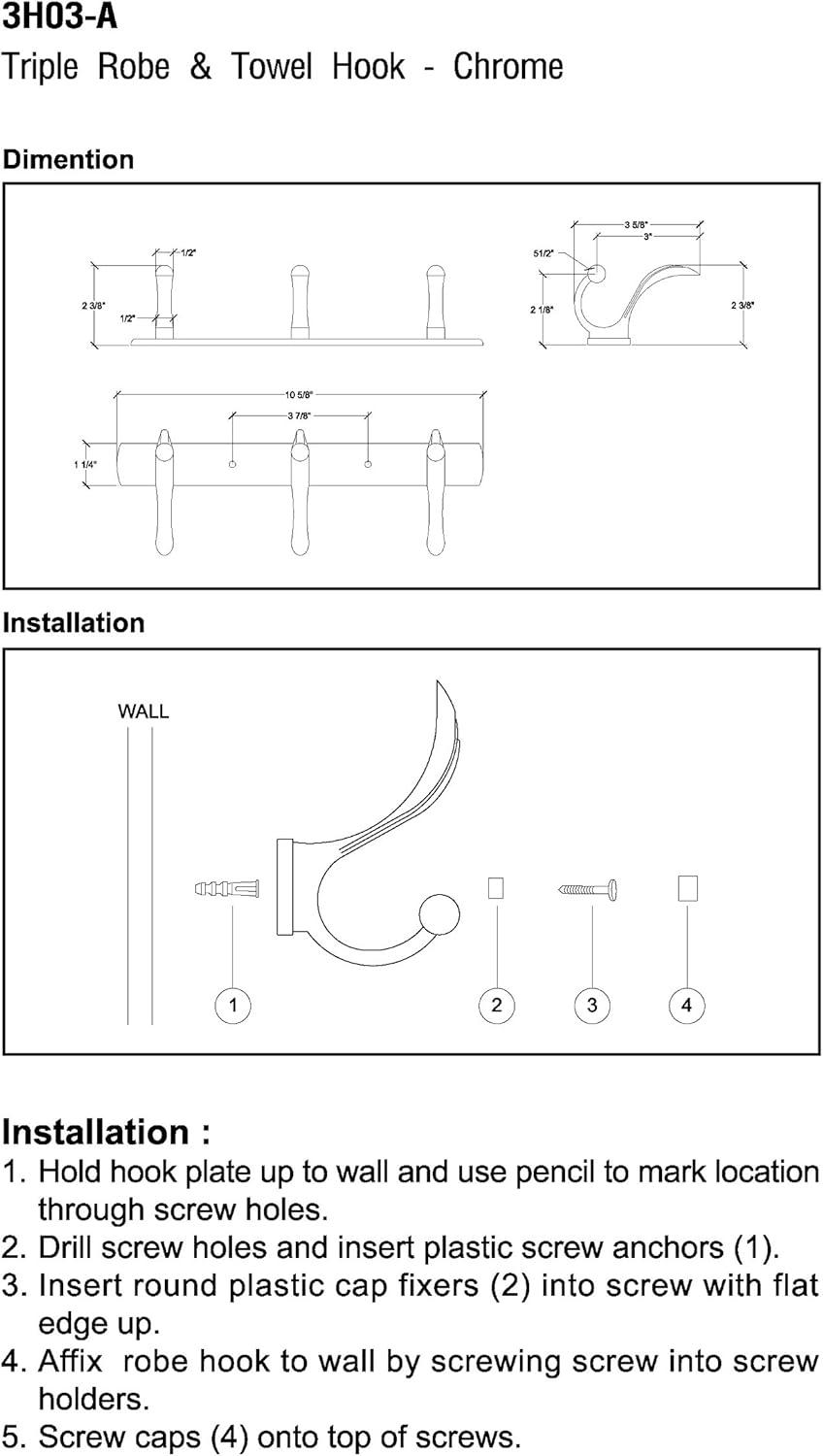 Large Polished Chrome Triple Towel and Robe Hook