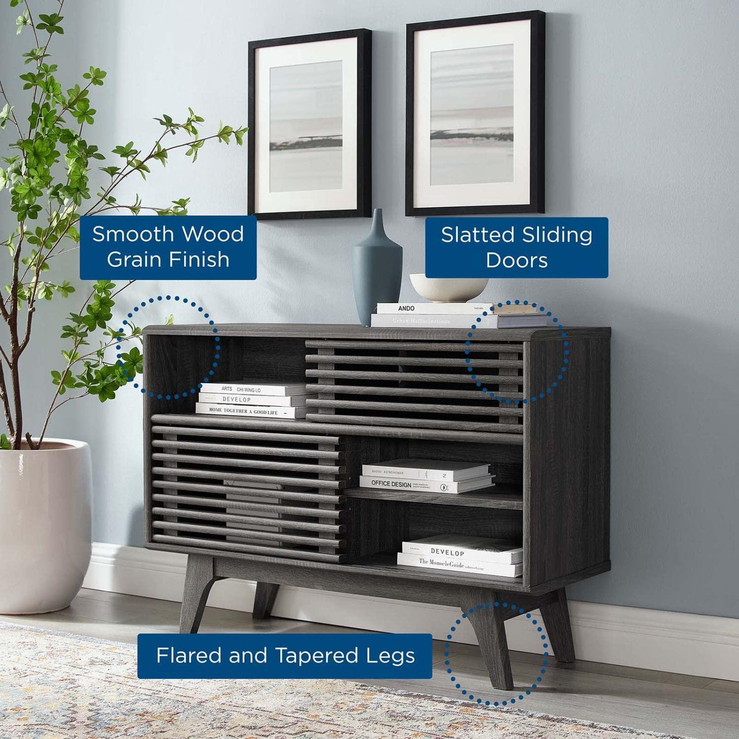 Render Display TV Stand for TVs up to 48" Charcoal - Modway: Modern Media Storage, Slatted Door, Cable Management