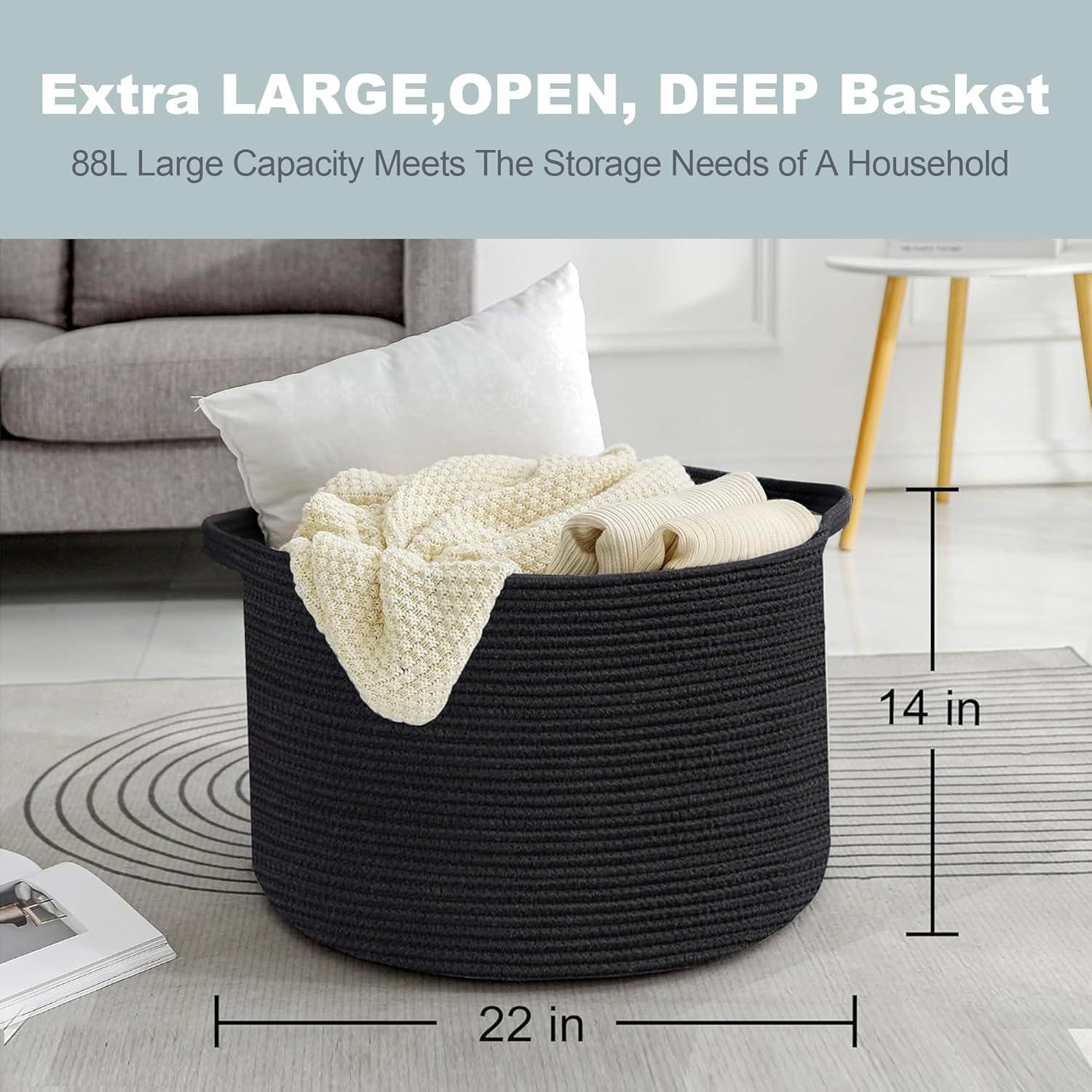 Large Black Blanket Basket, 22" X 22" X 14" Woven Rope Bin for Storage, Kids Dog Toy Storage Box Organizer Bins, Blanket Holder for Living Room, Decorative Wicker Basket for Organizing