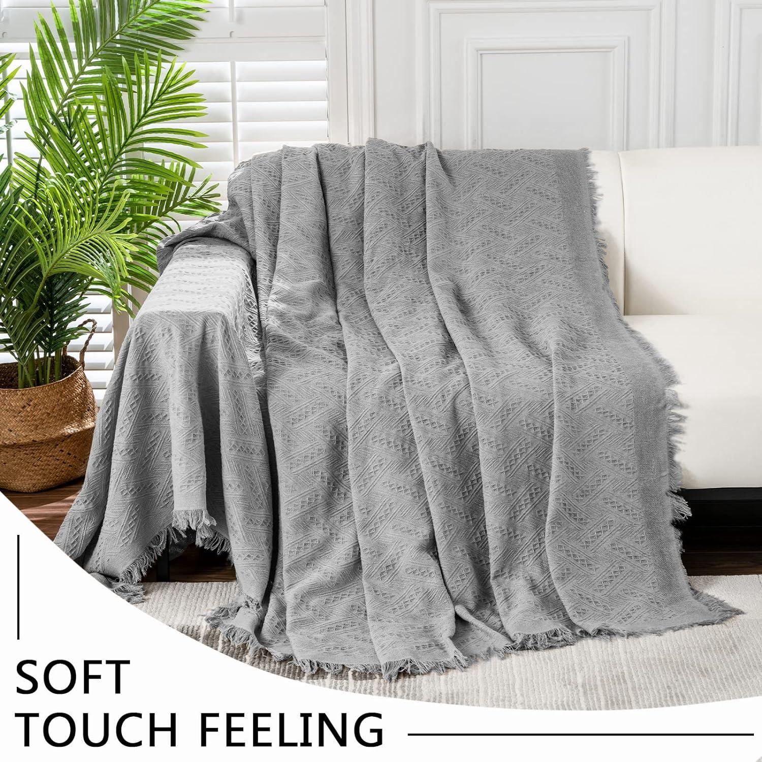 Large Gray Cotton Polyester Blend Sofa Cover with Tassels