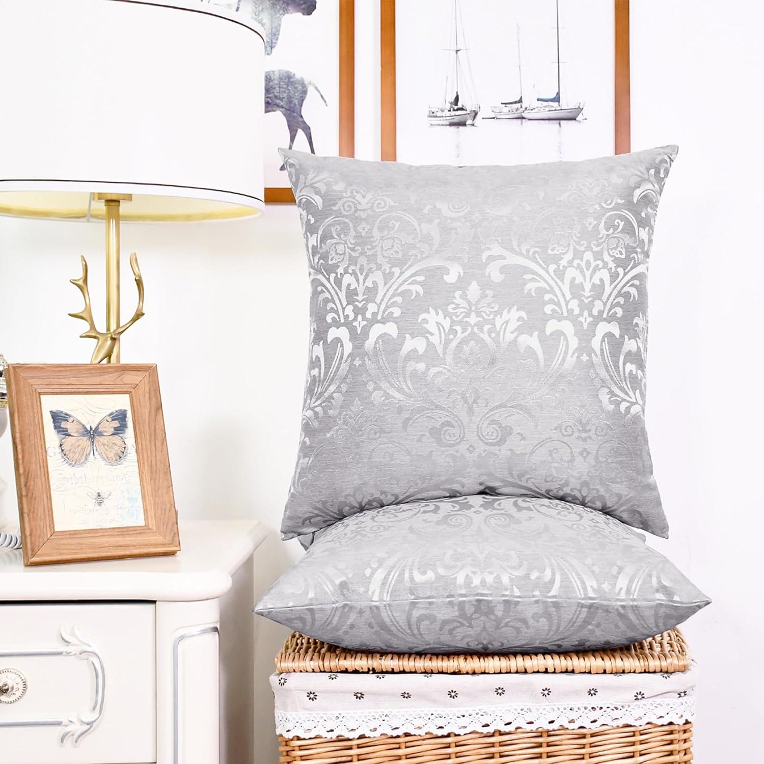 Pack of 2 Throw Pillow Covers Cases for Couch Sofa Home Decoration Vintage Damask Floral Shining & Dull Contrast 18 X 18 Inches Silver Gray