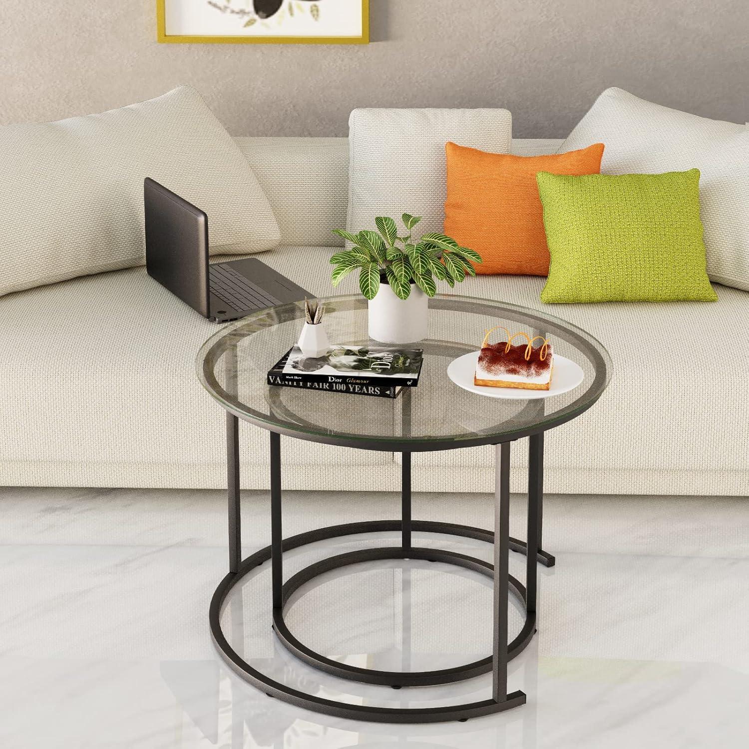 Nesting Coffee Table Set of 2,Modern Black Tempered Glass Side Table, Metal Frame Round End Table.Small Glass Tea Table for Living Room,Bedroom Studio Apartment Essentials，17.7IN