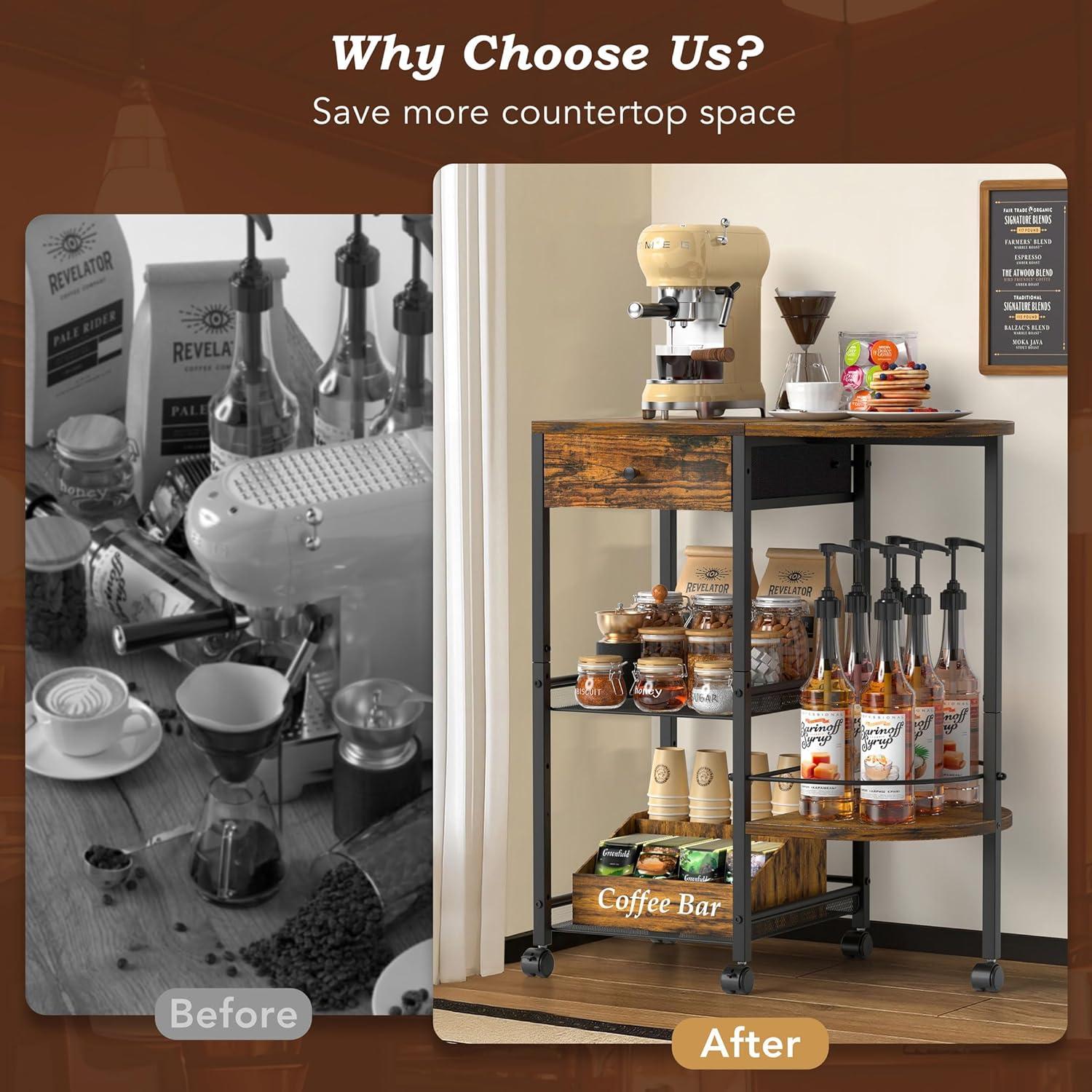 VINAEMO Coffee Bar Station with Wheels and Storage Drawer,15.35'' Deeper Large Coffee Bar Table Stand for Kitchen Office Living Room,Rustic Brown