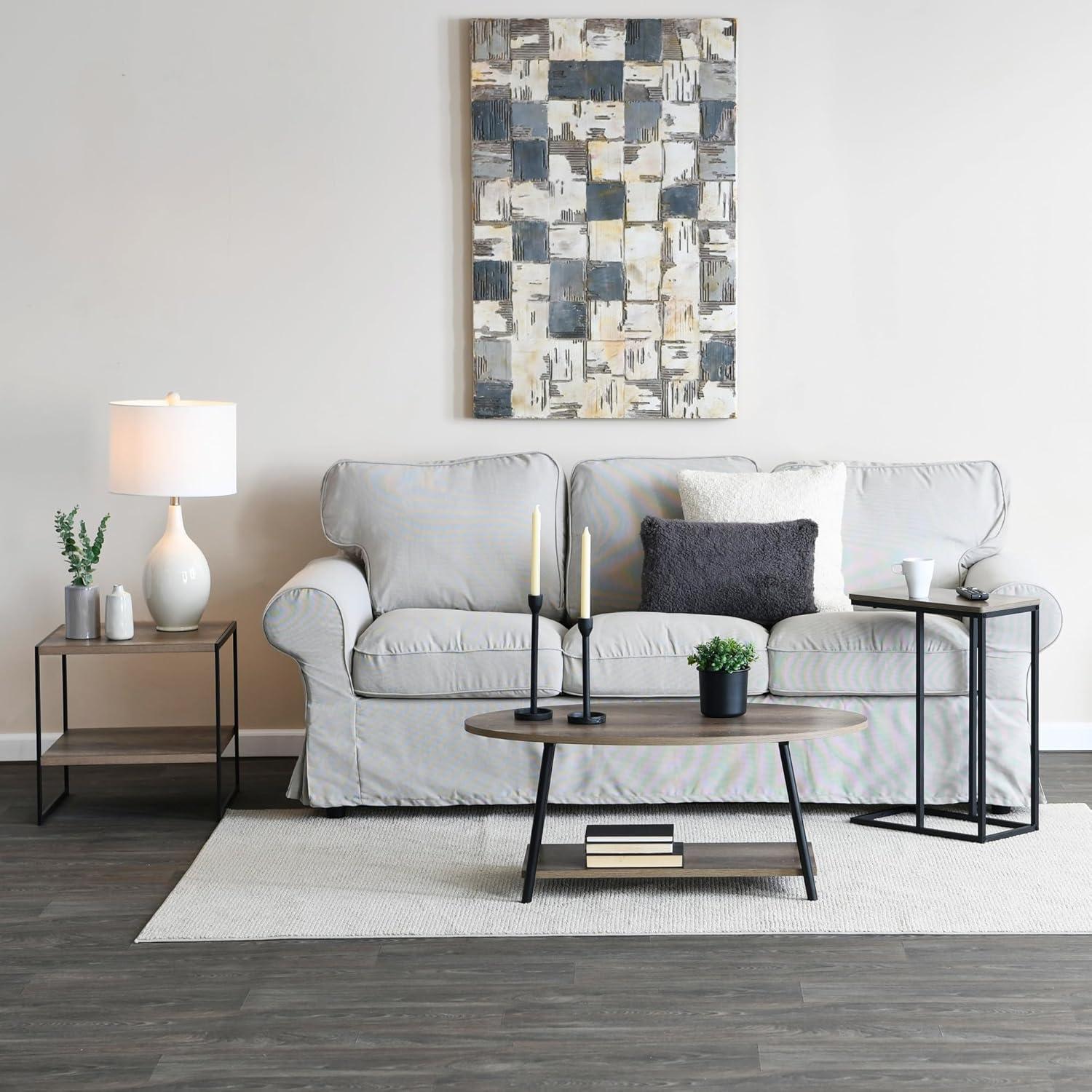 Household Essentials Jamestown Oval Coffee Table Ashwood: Modern Mid-Century Design, Iron Frame, Particle Board Surface, Lower Storage Shelf