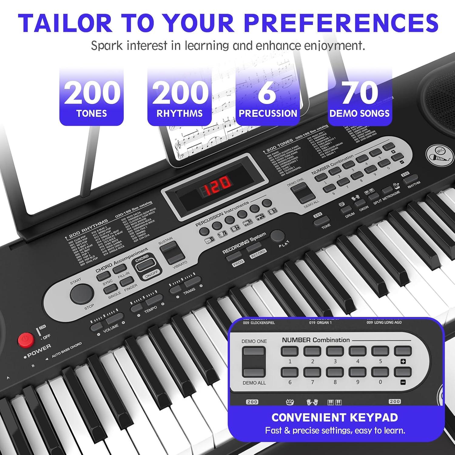 Fenbeli 61 Key Piano Keyboard with Lighted Keys Electric Keyboard Kit with Stand, Bench, Headphones, Built-in Speakers, Pink