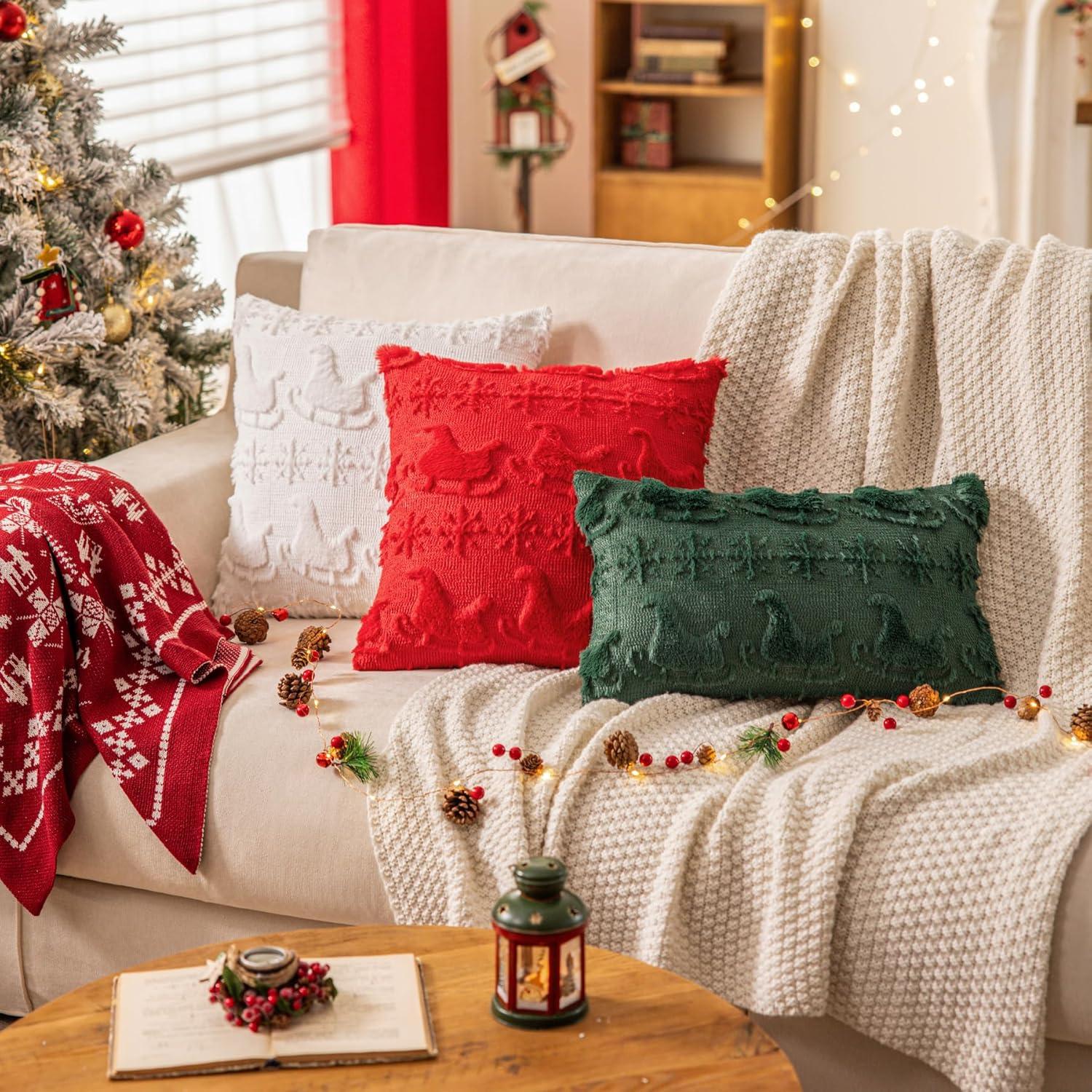 Red Faux Wool Snowflake Decorative Pillow Covers 12x20 Inch Set