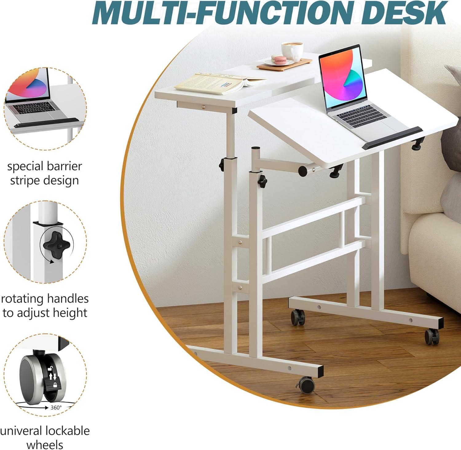 QuellQuest Adjustable Laptop Desk with Wheels Home Office Workstation Rolling White Table Laptop Cart for Standing or Sitting