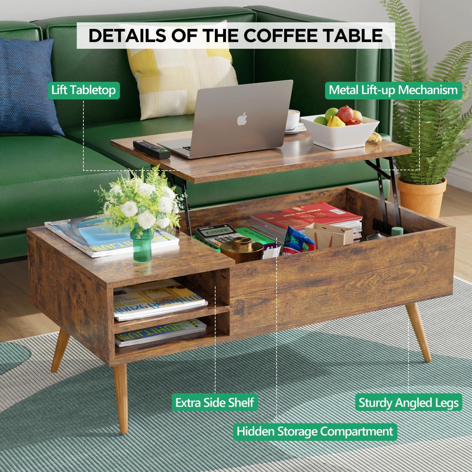 PayLessHere 39" Lift Top Coffee Table with Adjustable Storage and Hidden Compartment Small Wood Coffee Table Center Table for Home Living Room Office Apartment Reception Room,Brown