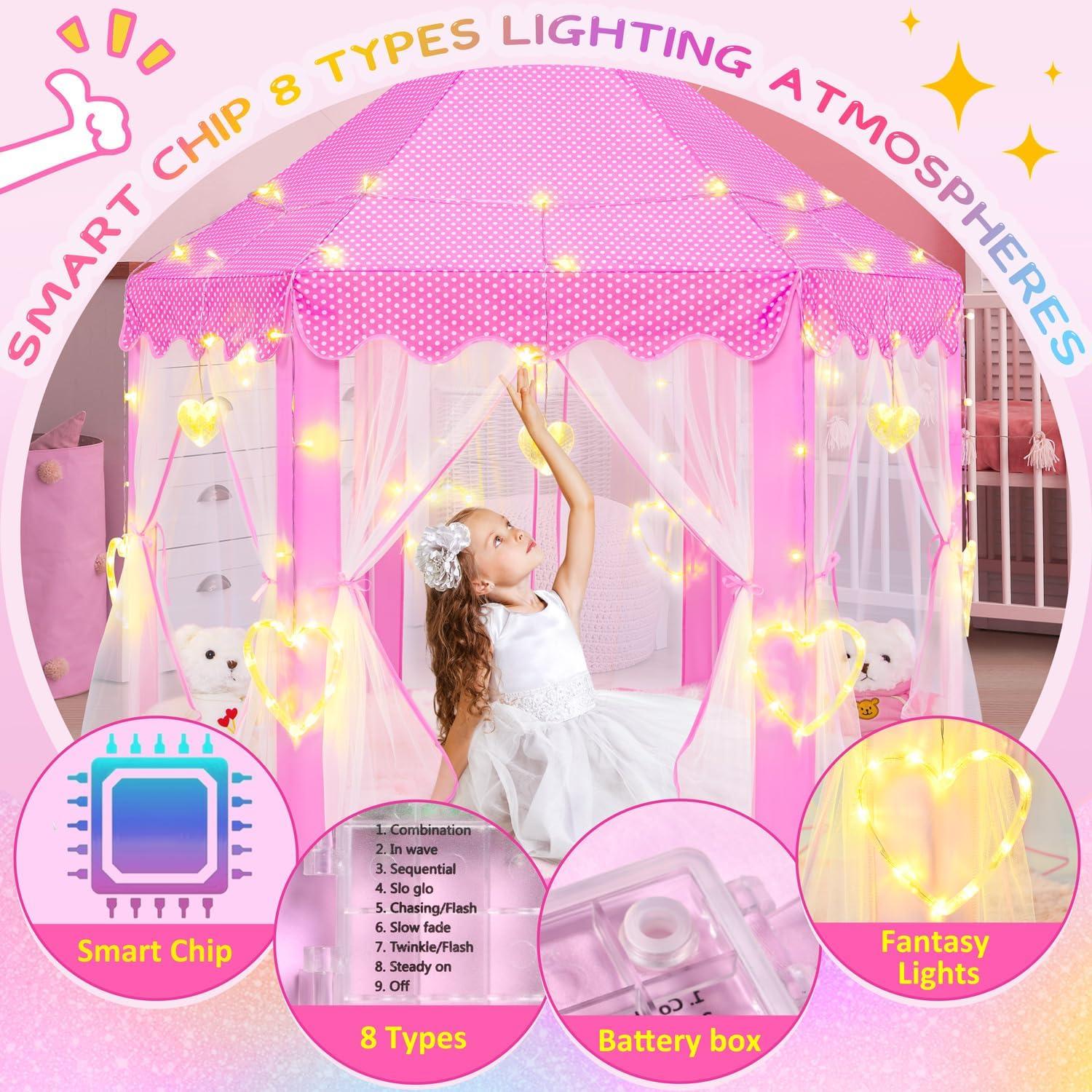 EVOIONOS Princess Tent for Girls, Kids Play Tent with LED Star Lights, Castle Playhouse for Children Indoor Outdoor Games, 55X53 inches, Pink