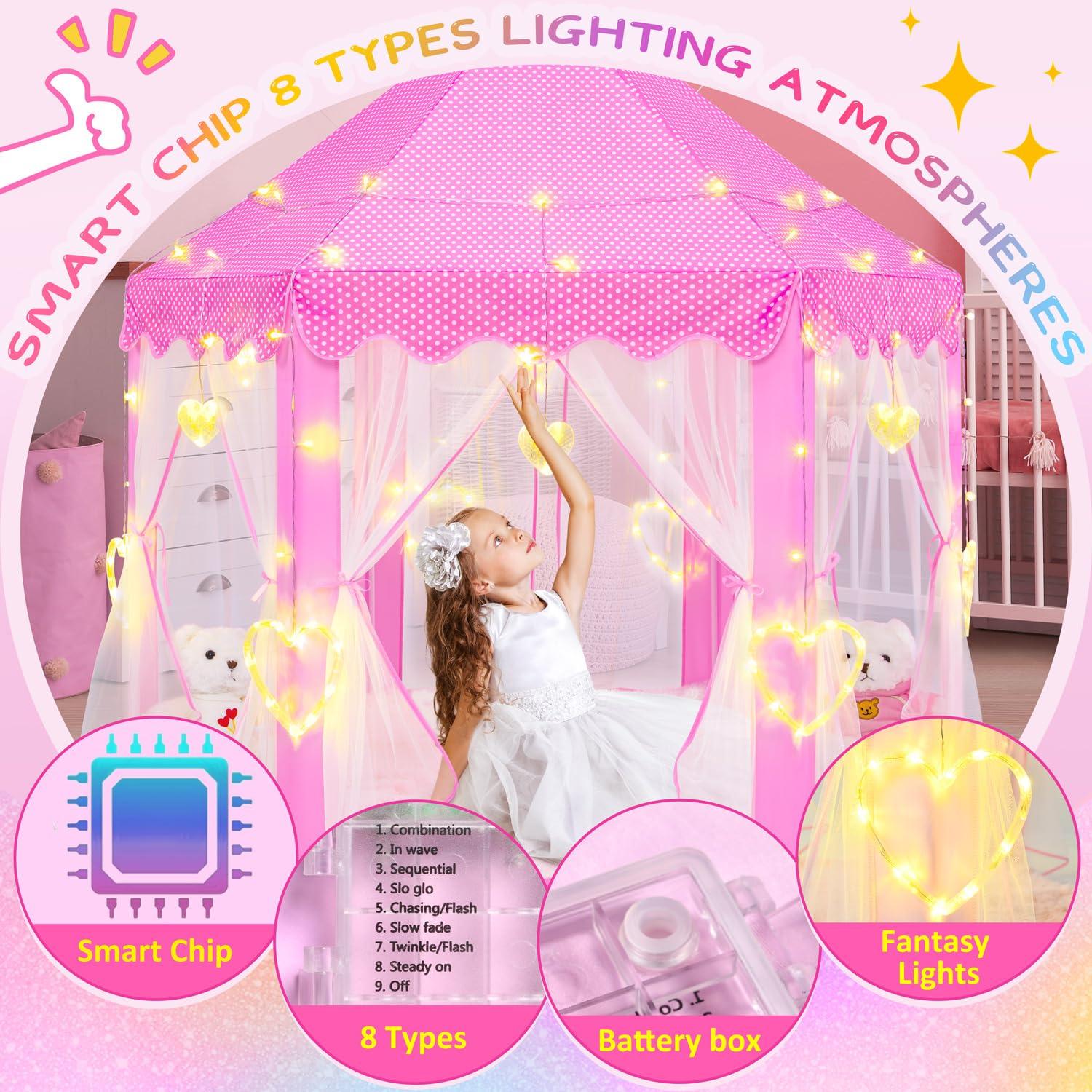 EVOIONOS Princess Tent for Girls, Kids Play Tent with LED Star Lights, Castle Playhouse for Children Indoor Outdoor Games, 55X53 inches, Pink