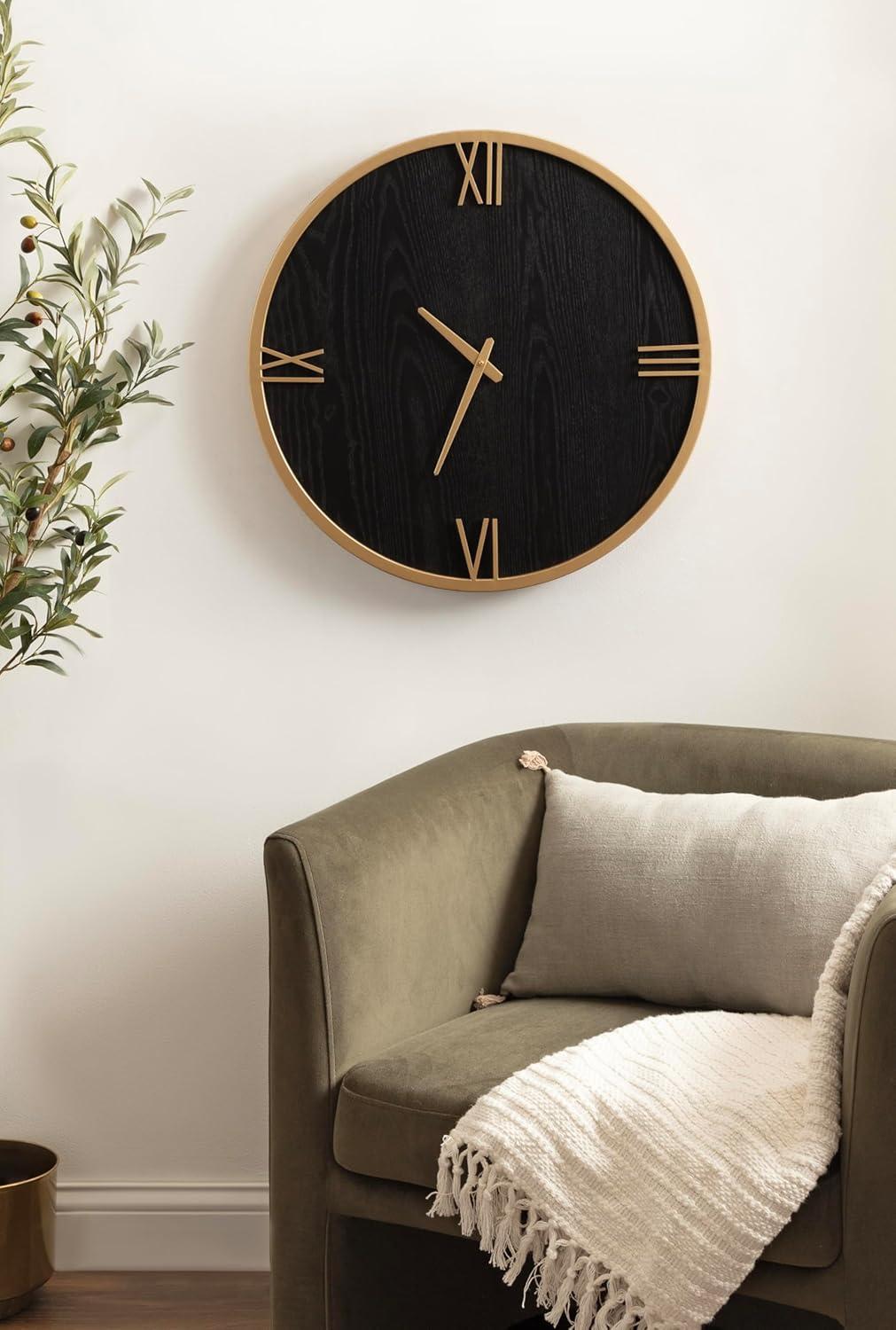 Kate and Laurel Pronte Modern Round Wood and Metal Wall Clock, 22 Inch Diameter, Black and Gold, Decorative Minimal Clock for Bedroom, Entryway, or Living Room Decor