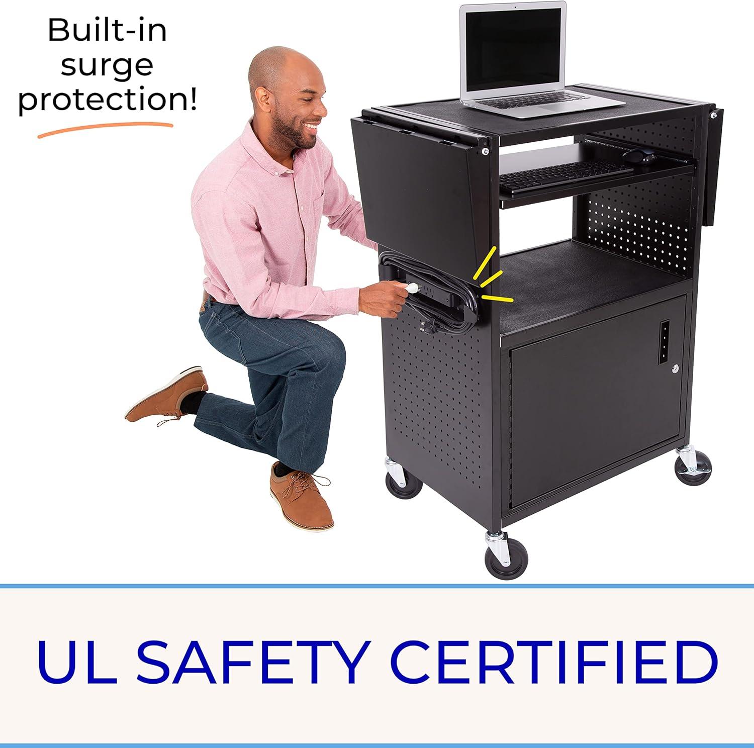 Line Leader Stellar AV Cart / Carro para Computadora con Guarnición de Tablero Perforado y 12 Ganchos para Almacenamiento/armario de Bloqueo Personalizable y Bandeja para Teclado Extraíble / Tomas de Corriente Certificadas de Seguridad UL / Ruedas de Bloqueo