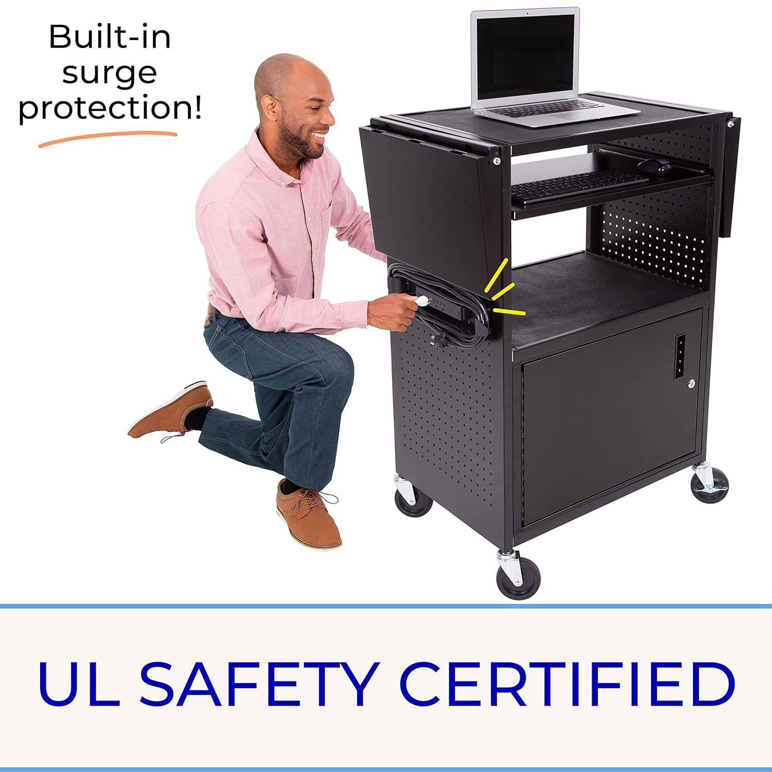 Line Leader Stellar AV Cart / Carro para Computadora con Guarnición de Tablero Perforado y 12 Ganchos para Almacenamiento/armario de Bloqueo Personalizable y Bandeja para Teclado Extraíble / Tomas de Corriente Certificadas de Seguridad UL / Ruedas de Bloqueo